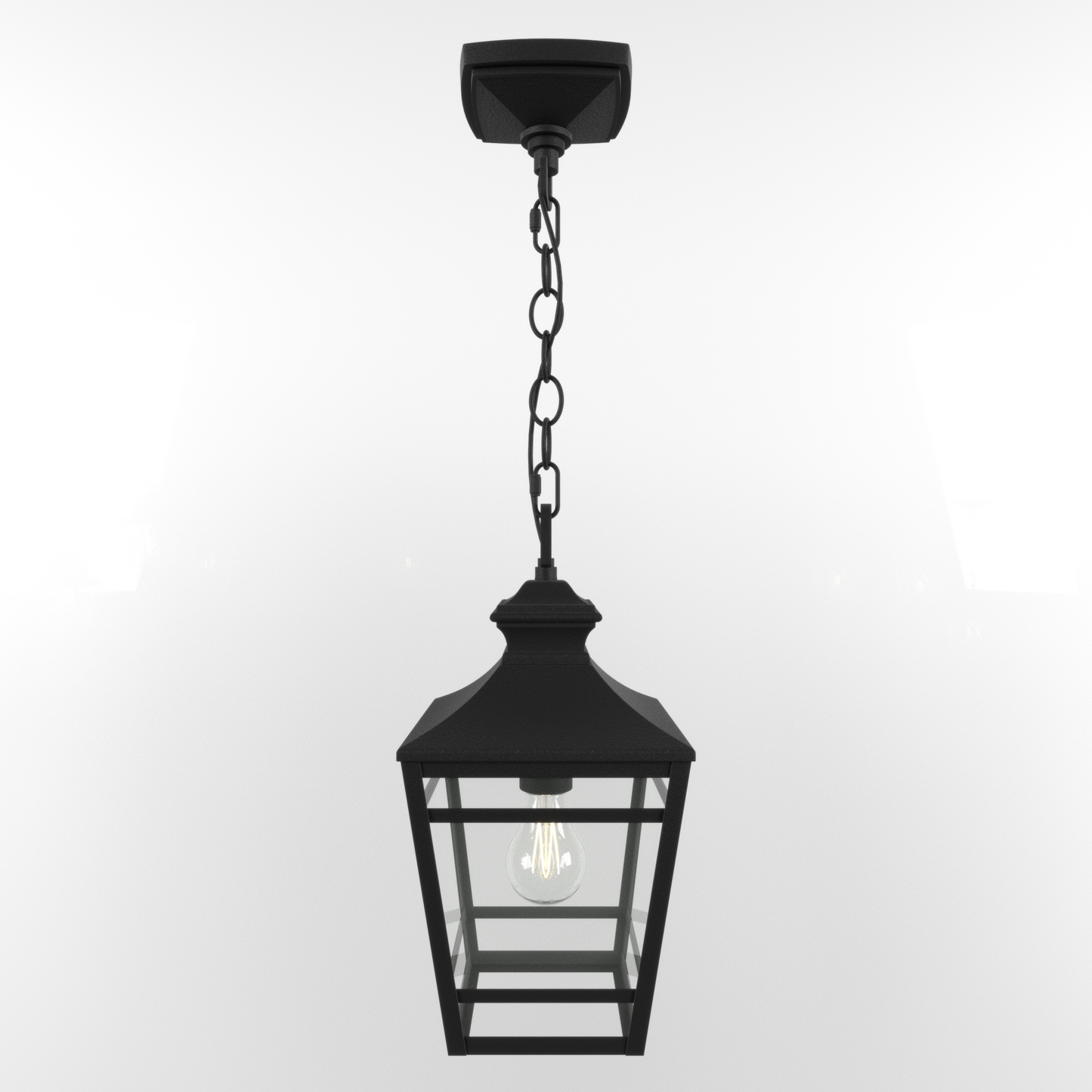Black metal lantern pendant light with clear glass panels and chain