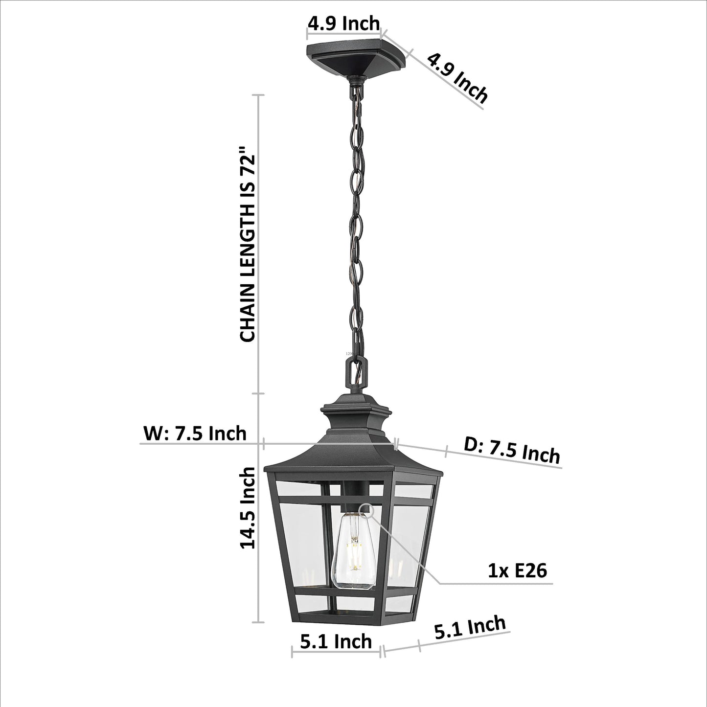 Black traditional outdoor hanging lantern with clear glass panels and chain