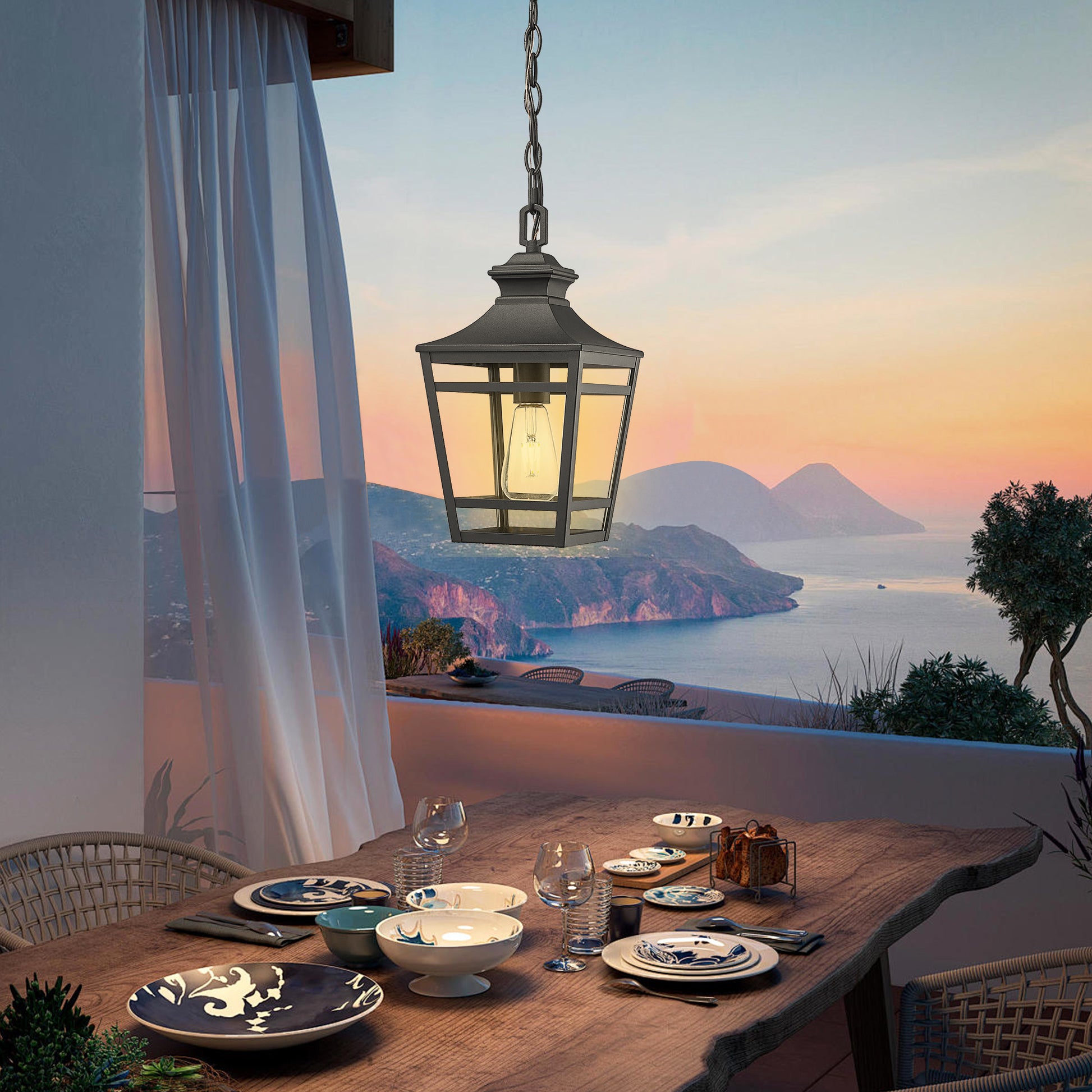 Black outdoor hanging lantern with visible Edison bulb and chain