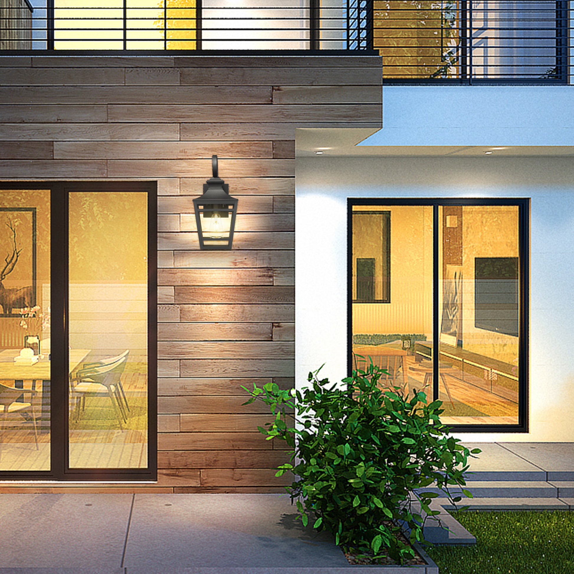 Black metal outdoor lantern with glass panels illuminates modern home exterior