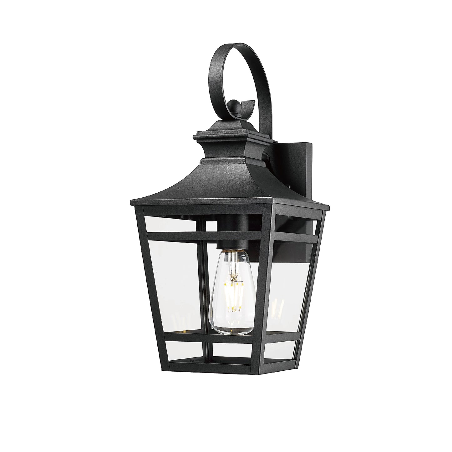 Black traditional outdoor wall lantern with clear glass panels and exposed Edison bulb