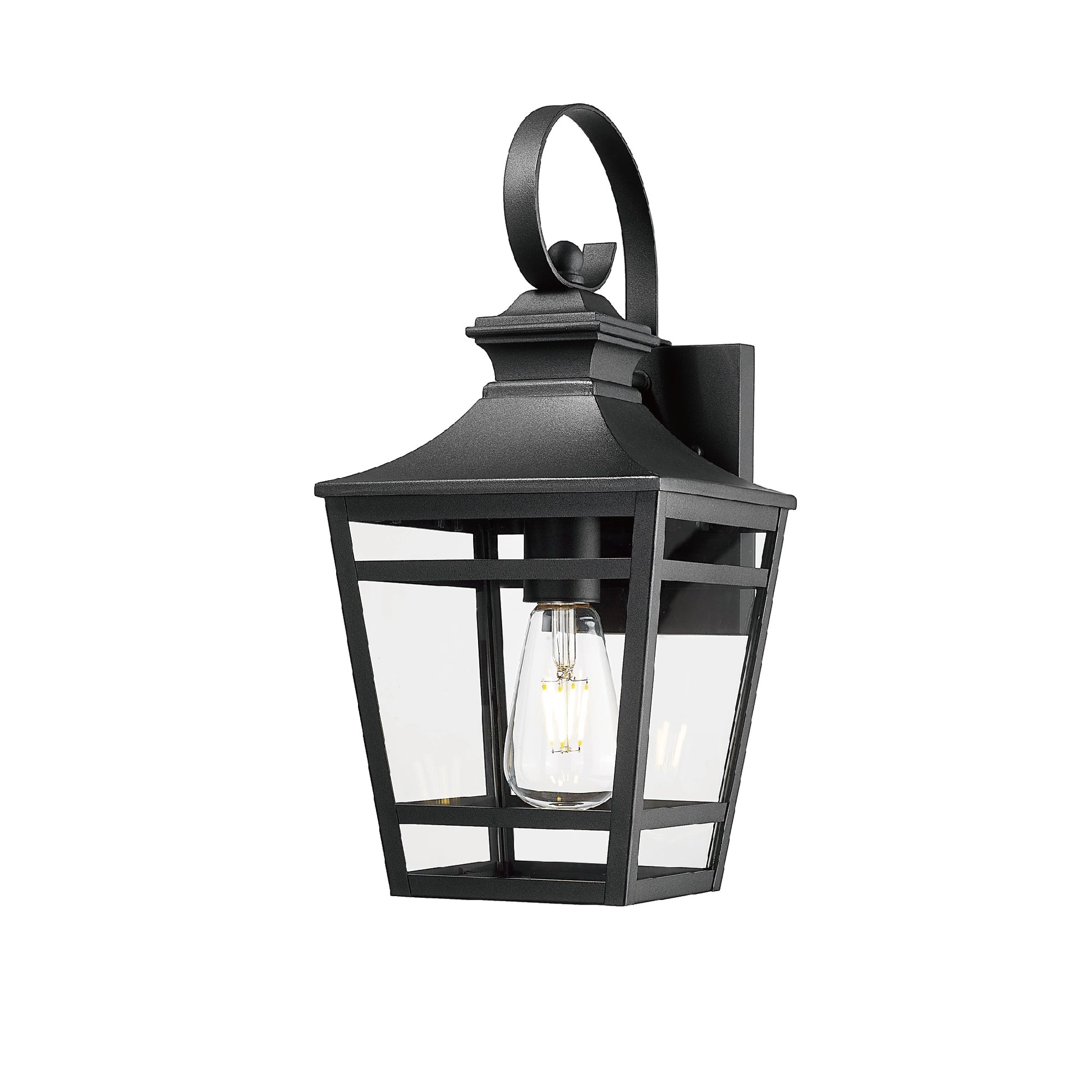 Black traditional outdoor wall lantern with clear glass panels and exposed Edison bulb