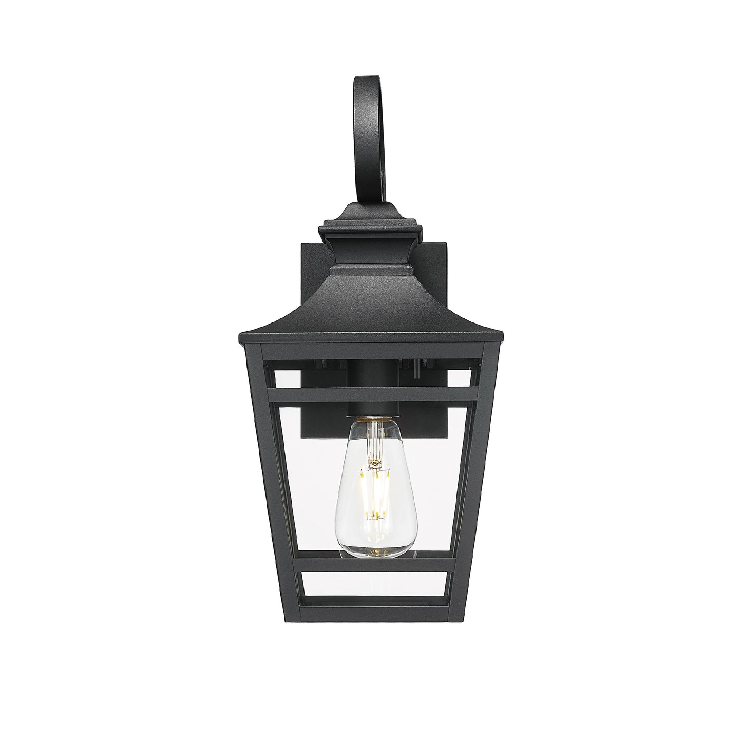 Black metal outdoor wall lantern with clear glass shade and vintage Edison bulb