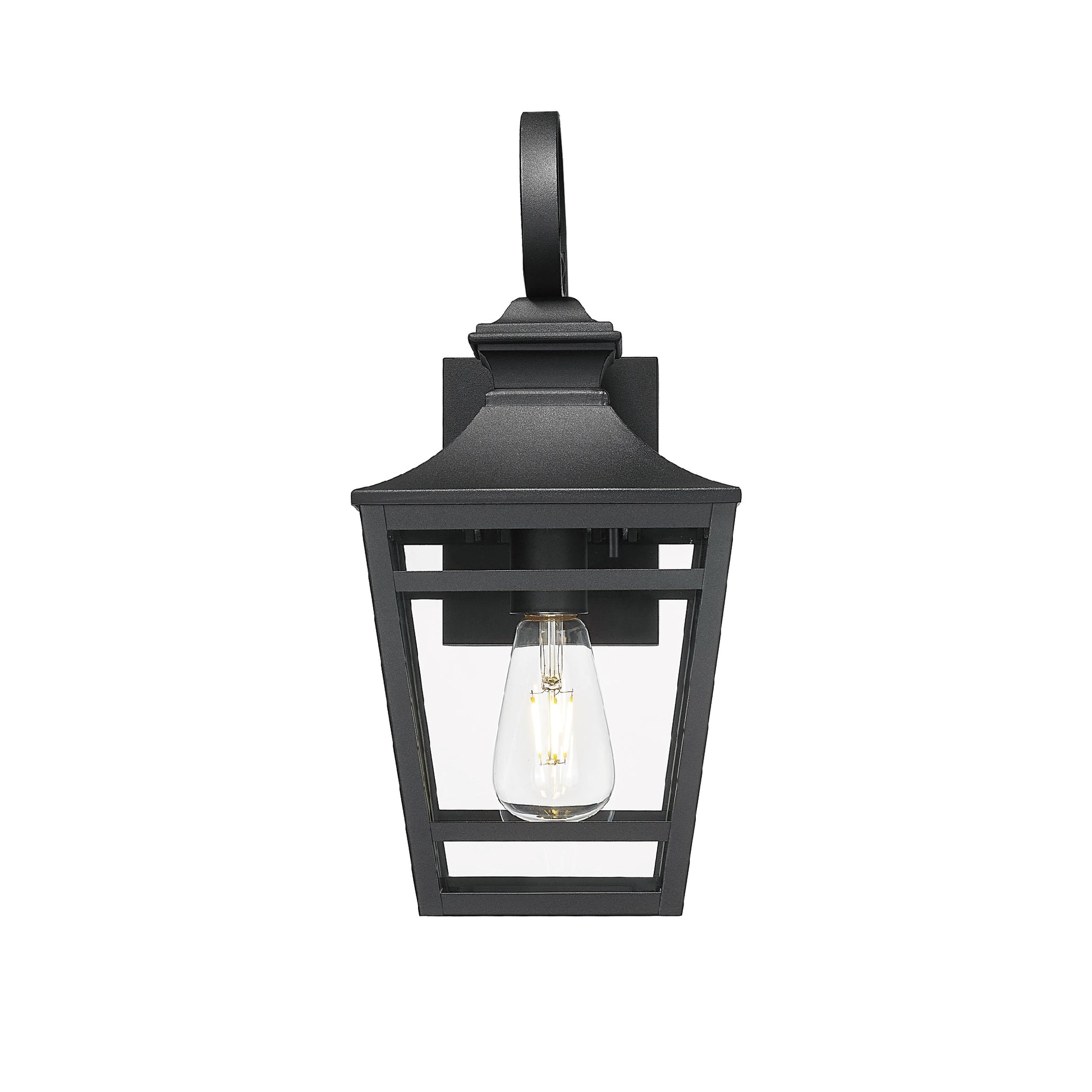 Black metal outdoor wall lantern with clear glass shade and vintage Edison bulb