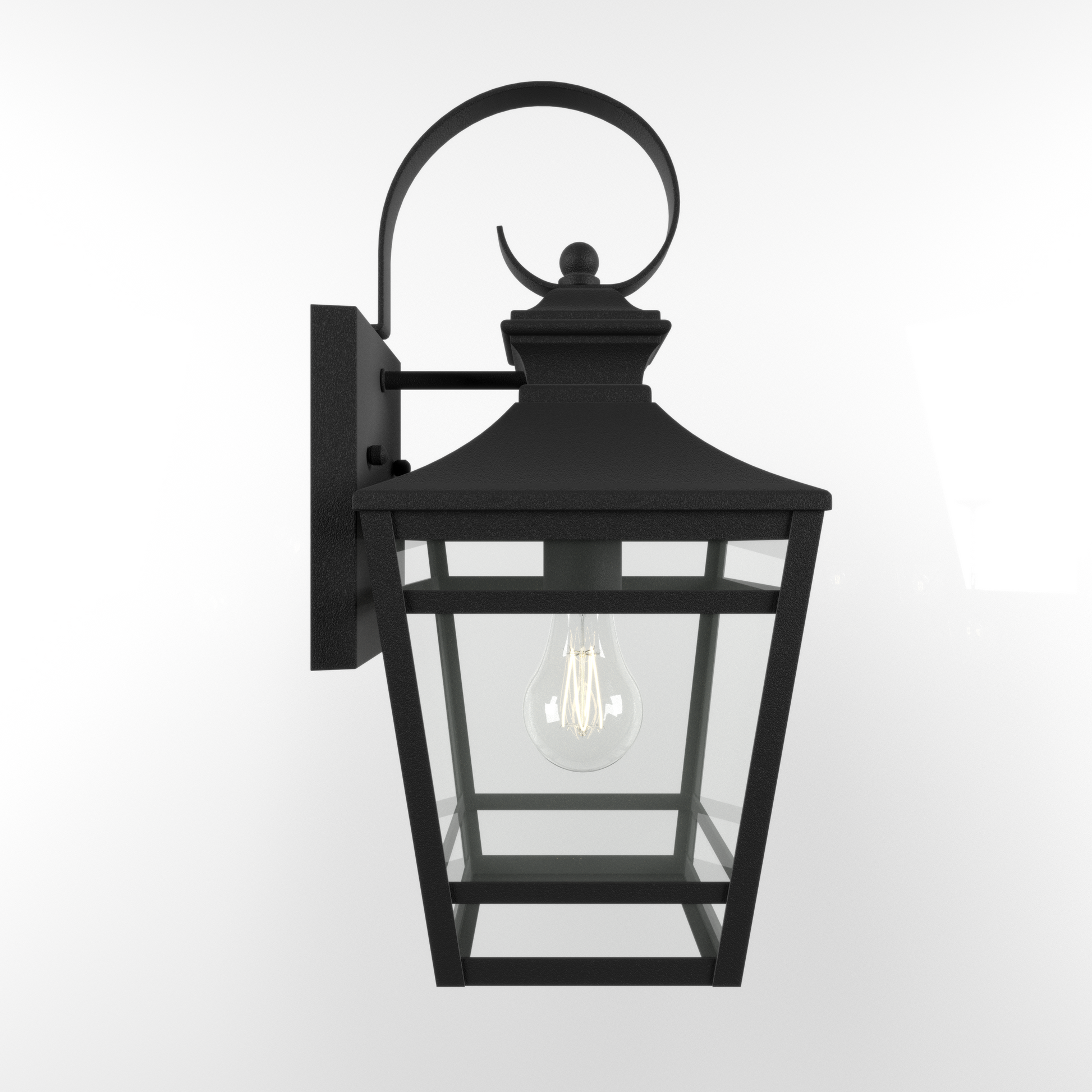 Black wrought iron outdoor wall lantern with clear glass panels and Edison bulb