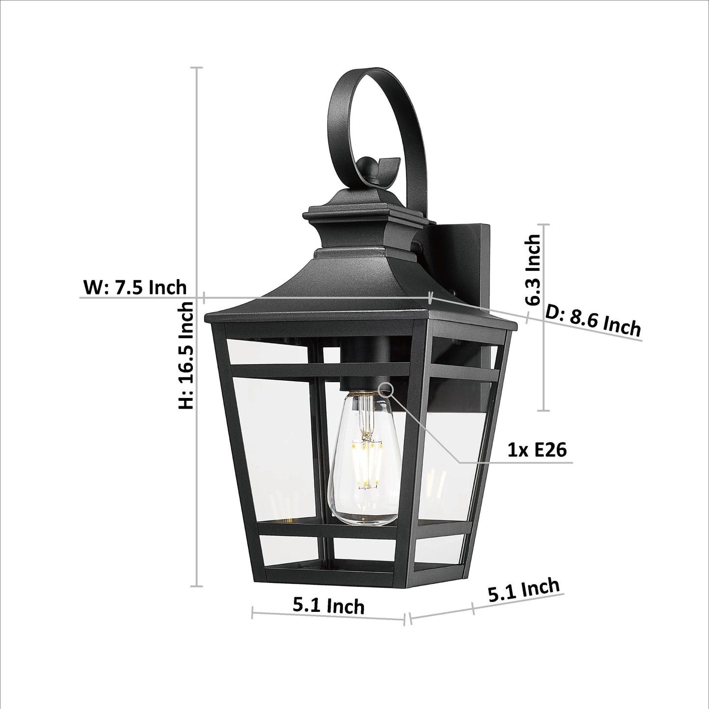 Black metal outdoor wall lantern with clear glass panels and visible E bulb