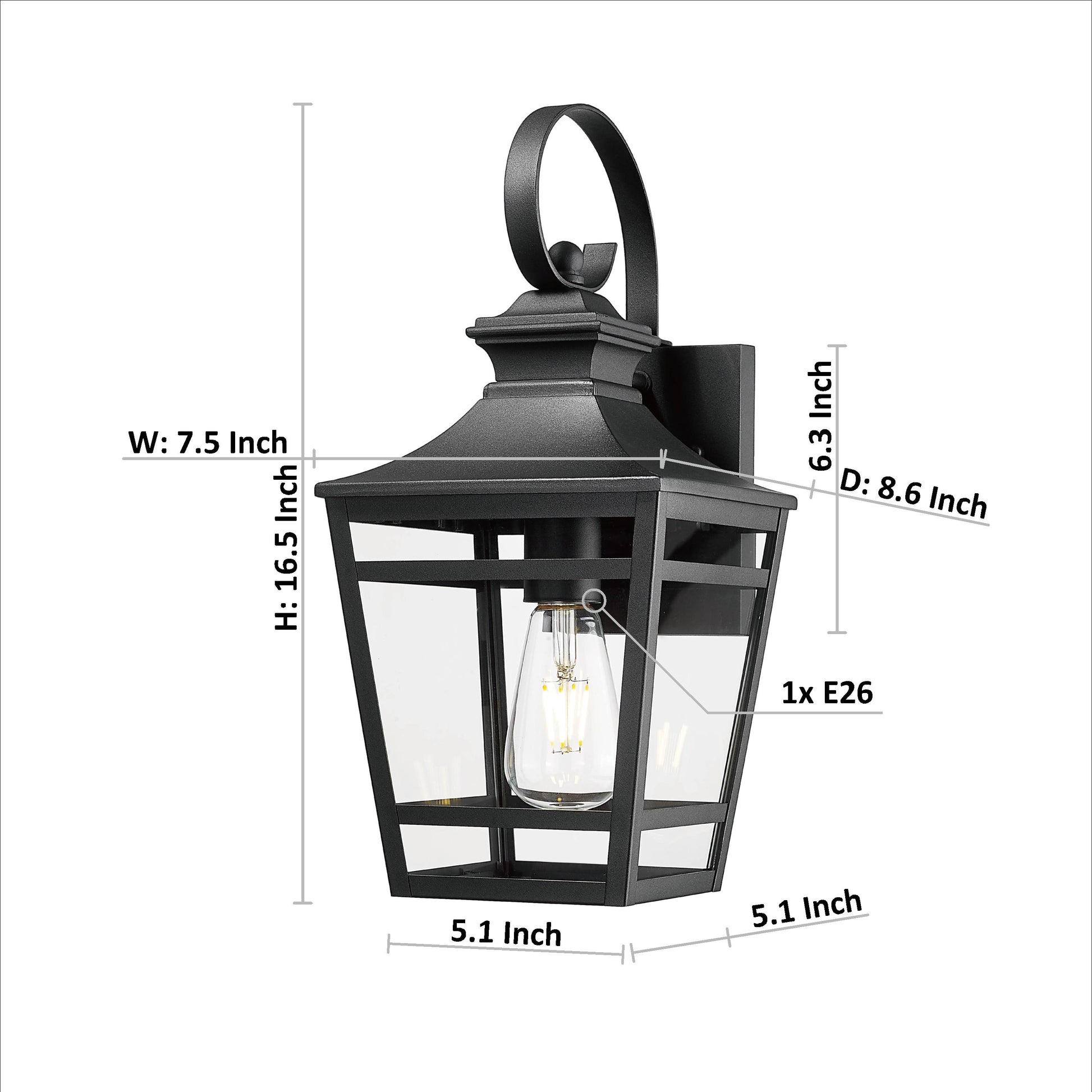 Black metal outdoor wall lantern with clear glass panels and visible E bulb