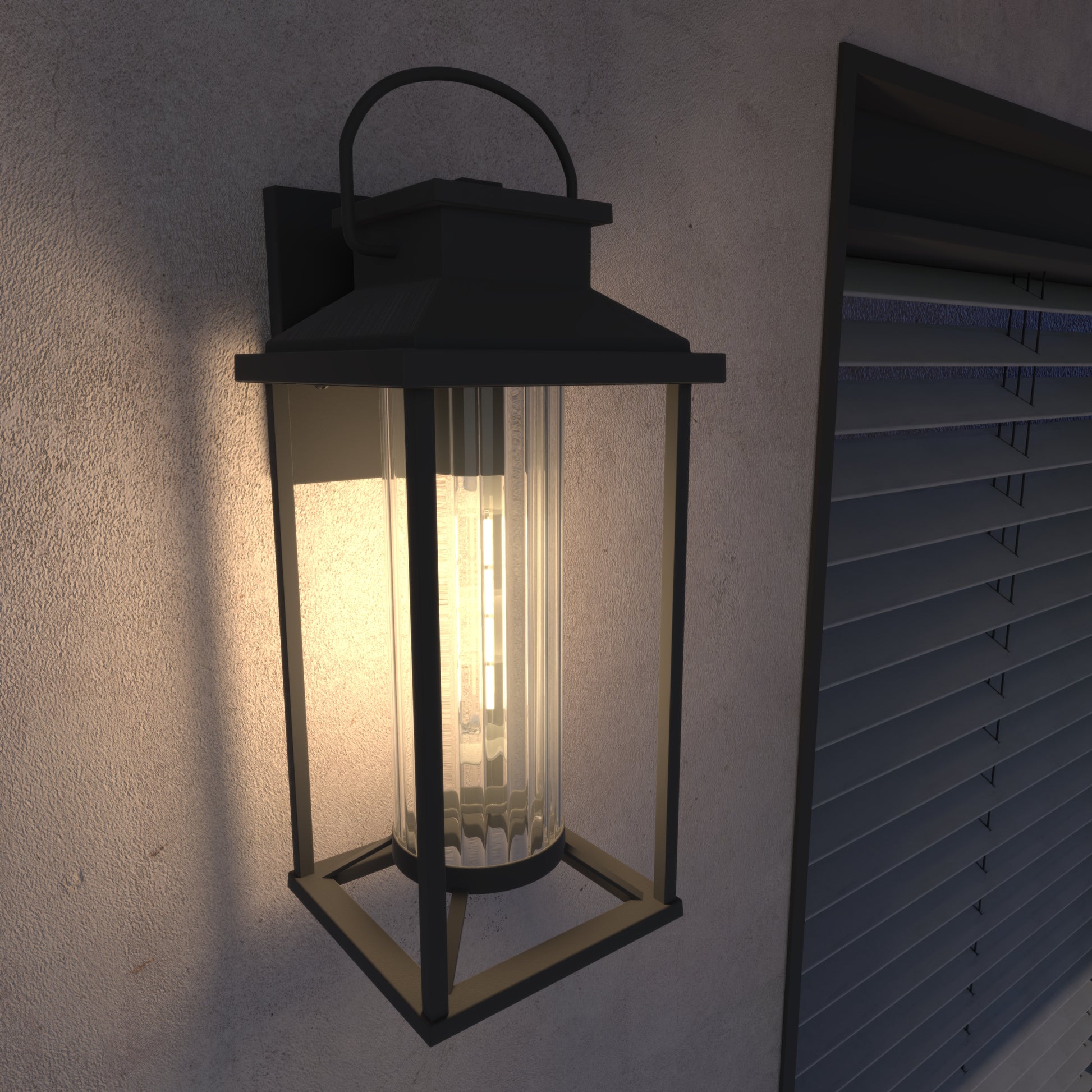 Dark gray modern outdoor wall lantern with clear ribbed glass and Edison bulb