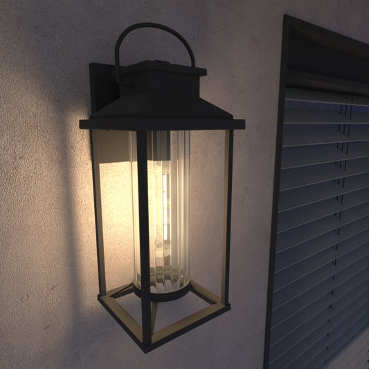 Dark gray modern outdoor wall lantern with clear ribbed glass and Edison bulb