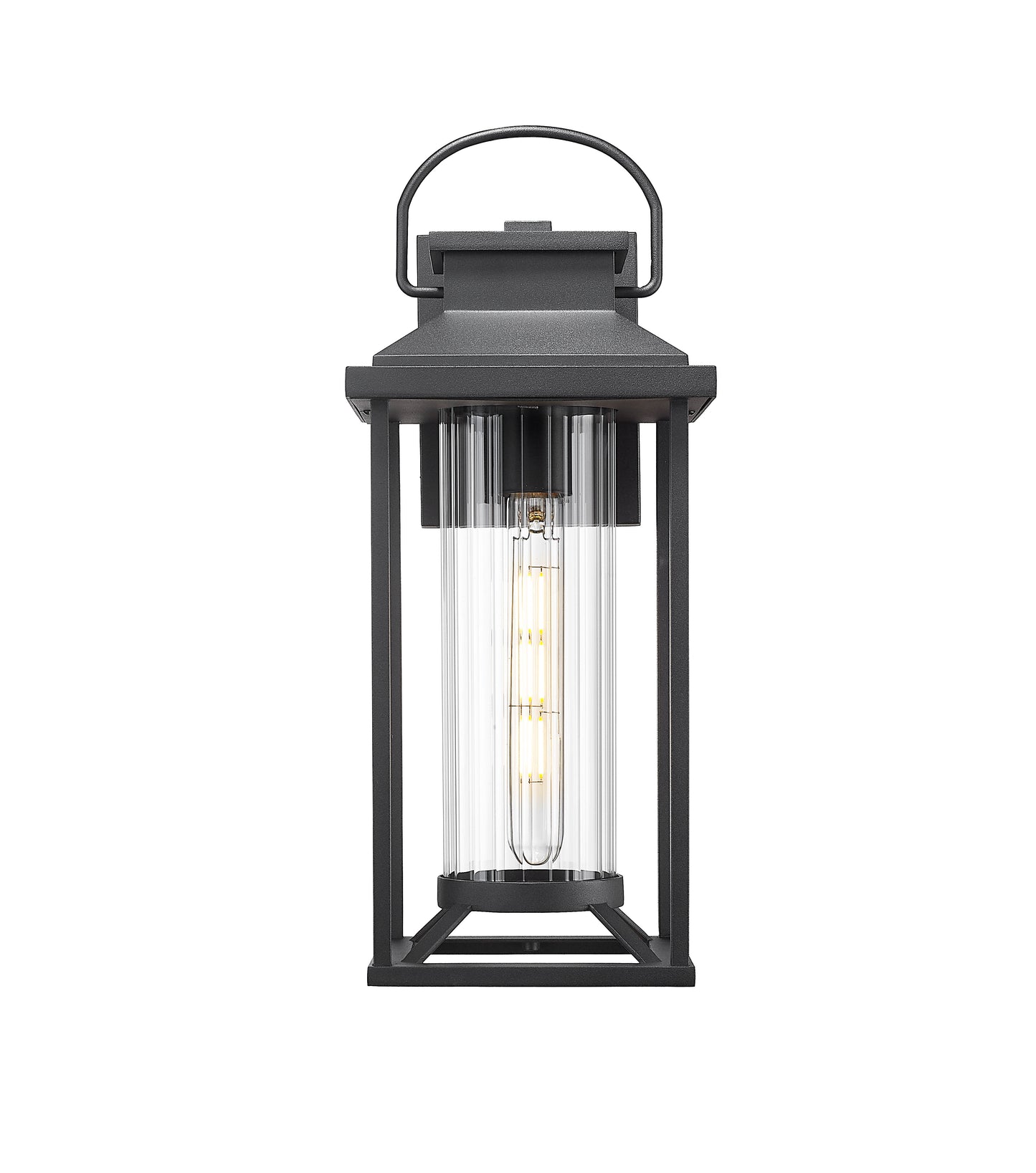 Black metal outdoor lantern with clear fluted glass cylinder and exposed Edison bulb