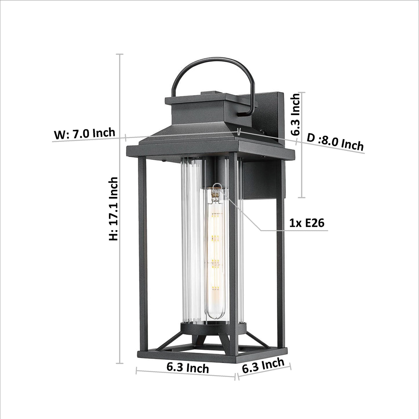 Black metal outdoor wall lantern with clear seeded glass and vintage Edison bulb