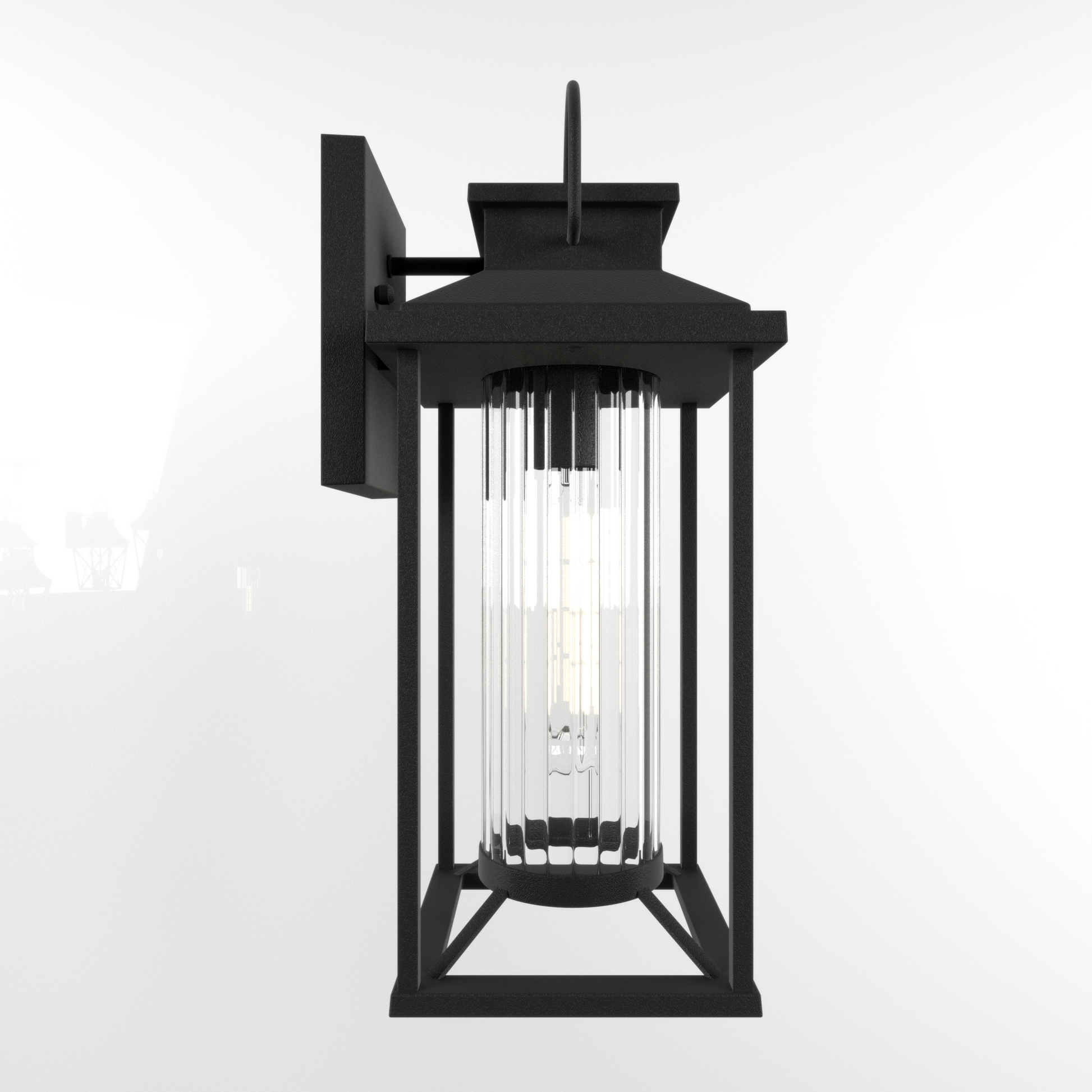 Black metal outdoor wall lantern with clear ribbed glass cylinder