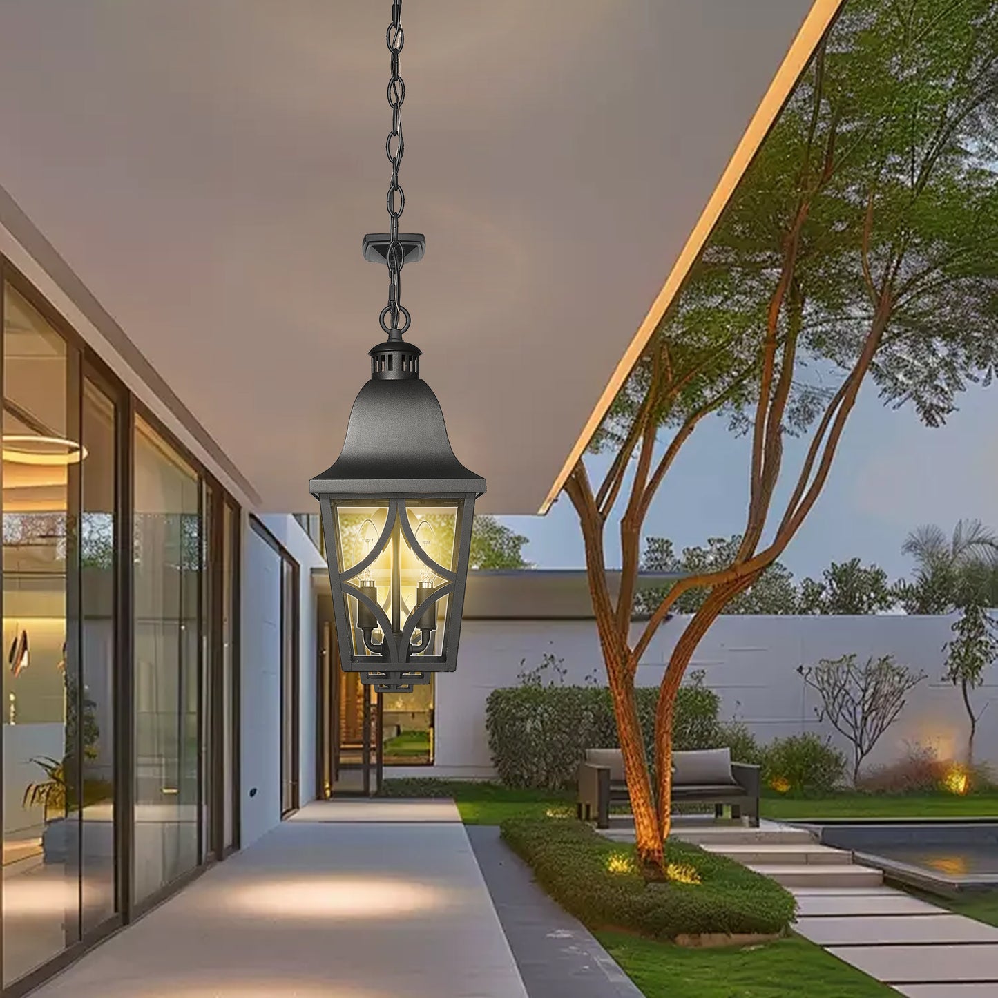 Black metal hanging lantern with clear glass panels