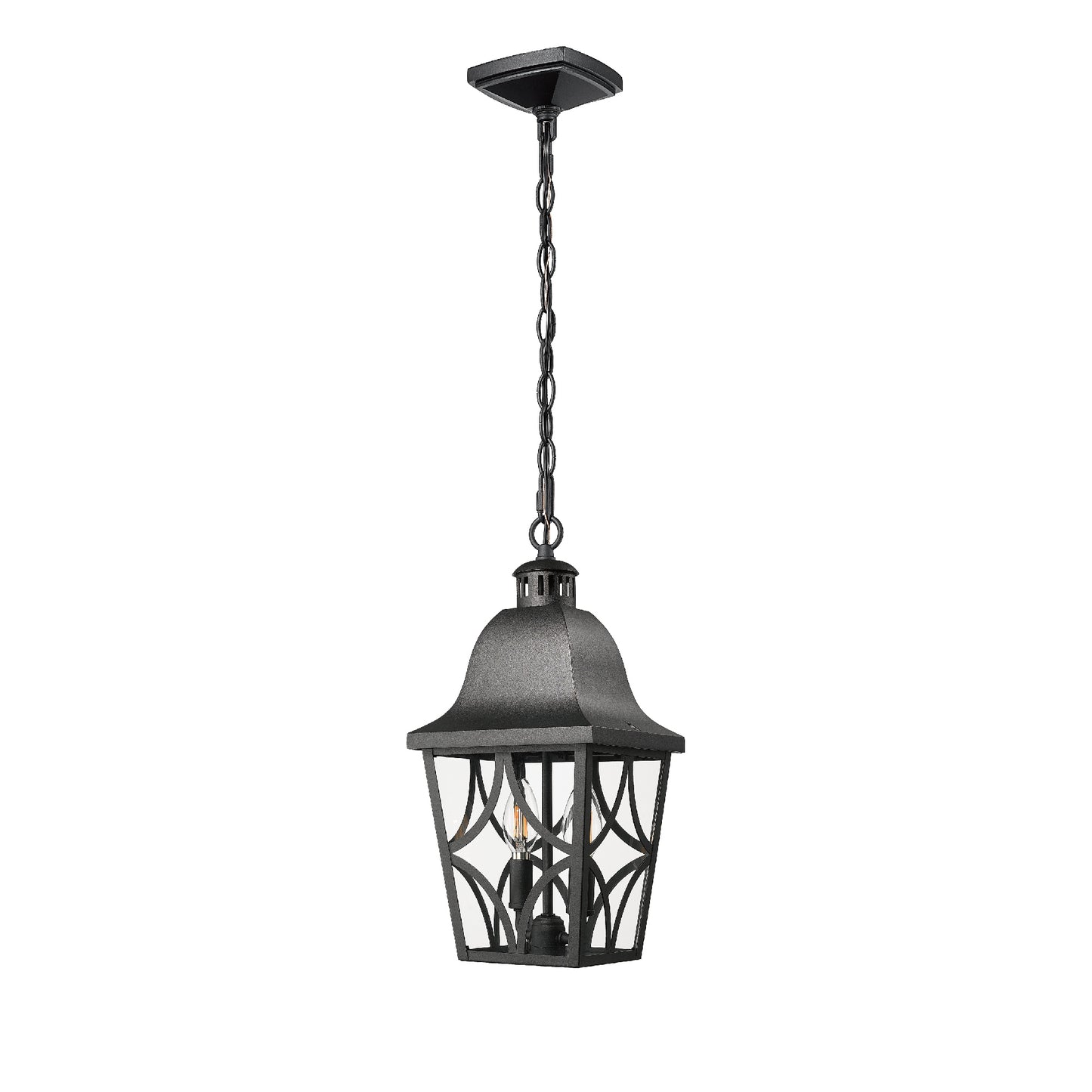 Black outdoor hanging lantern with chain and clear seeded glass