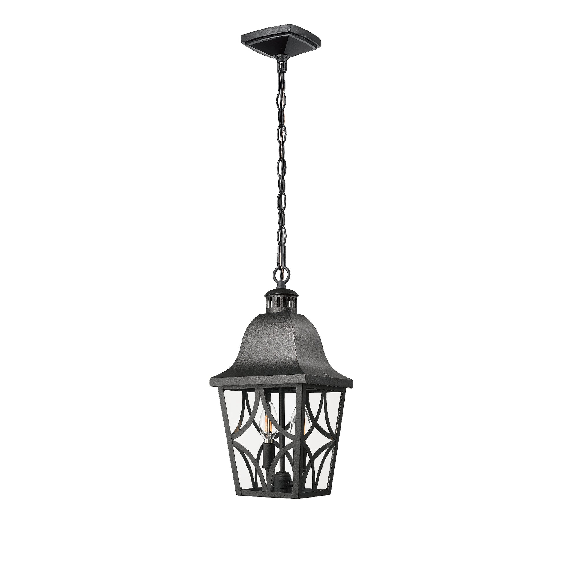 Black outdoor hanging lantern with chain and clear seeded glass