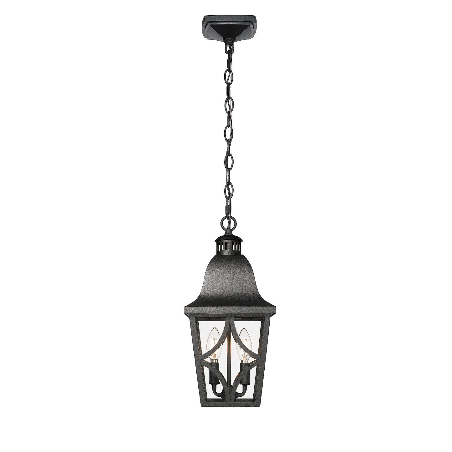 Black outdoor hanging lantern with clear glass panes and two bulbs