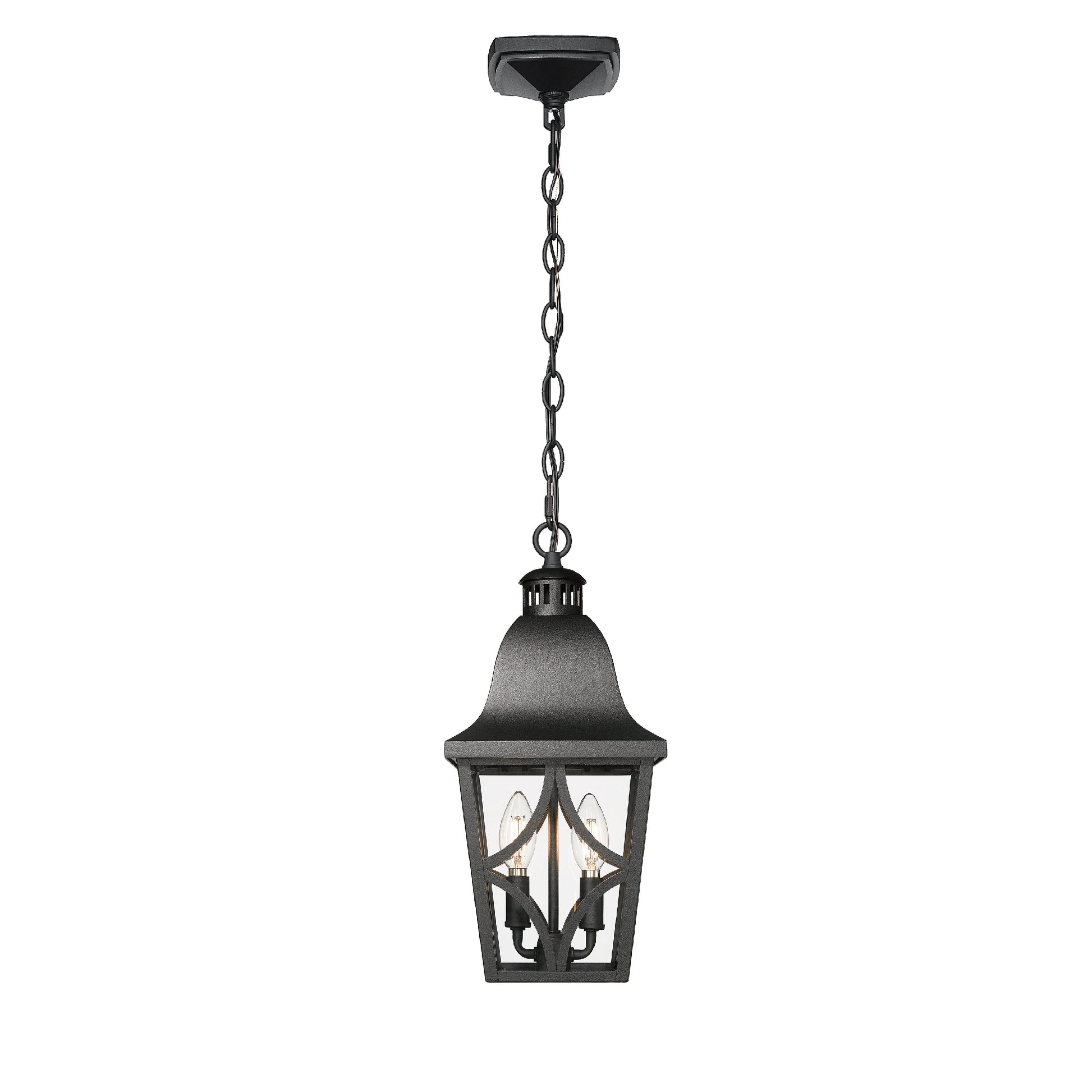 Black outdoor hanging lantern with clear glass panes and two bulbs