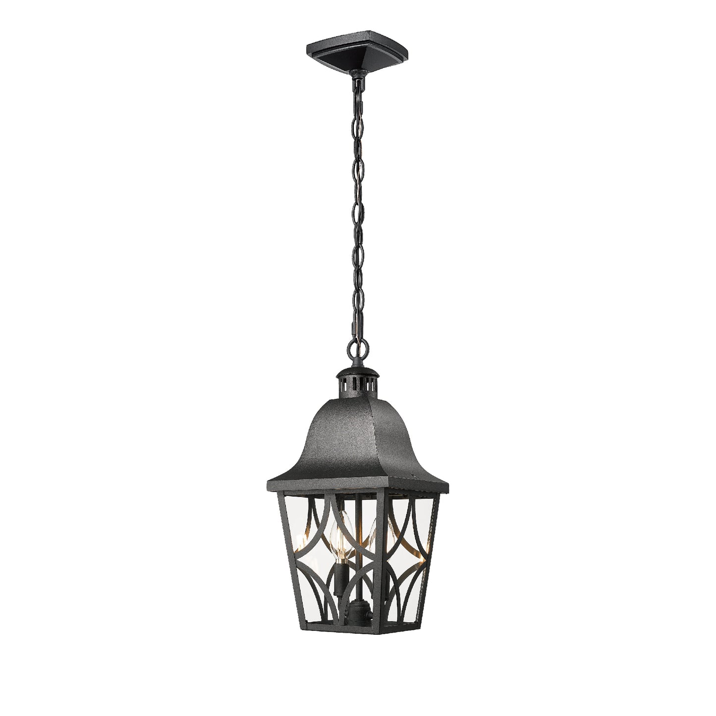 Dark grey metal outdoor hanging lantern with intricate glass panes and chain