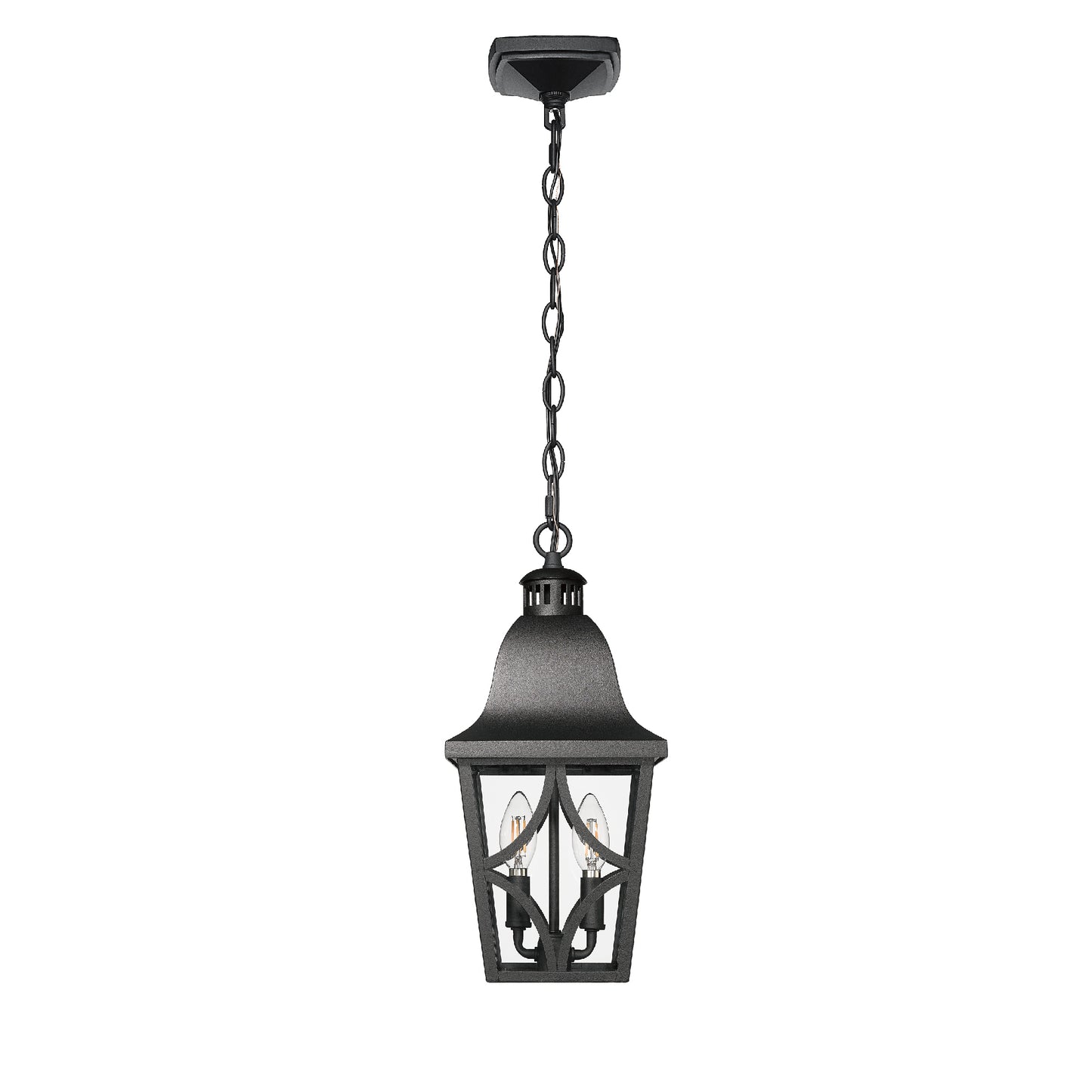 Black metal outdoor pendant light with clear seeded glass and two bulbs