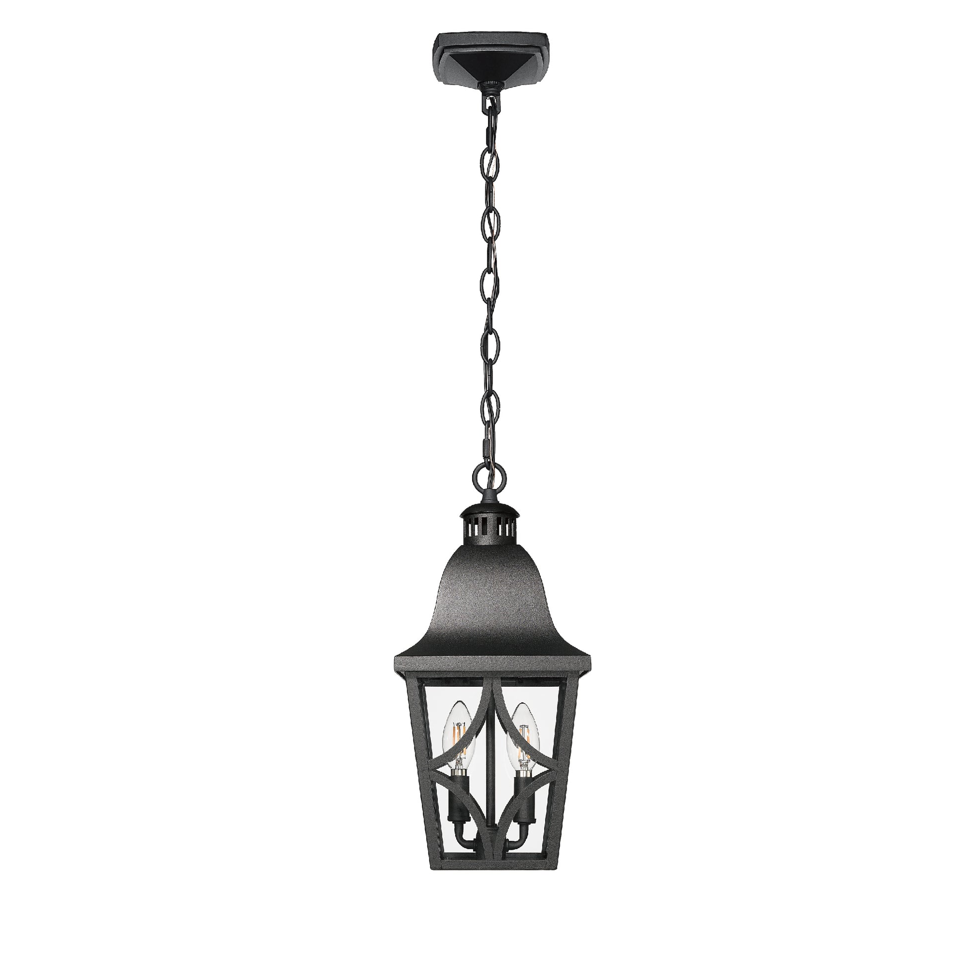 Black metal outdoor pendant light with clear seeded glass and two bulbs