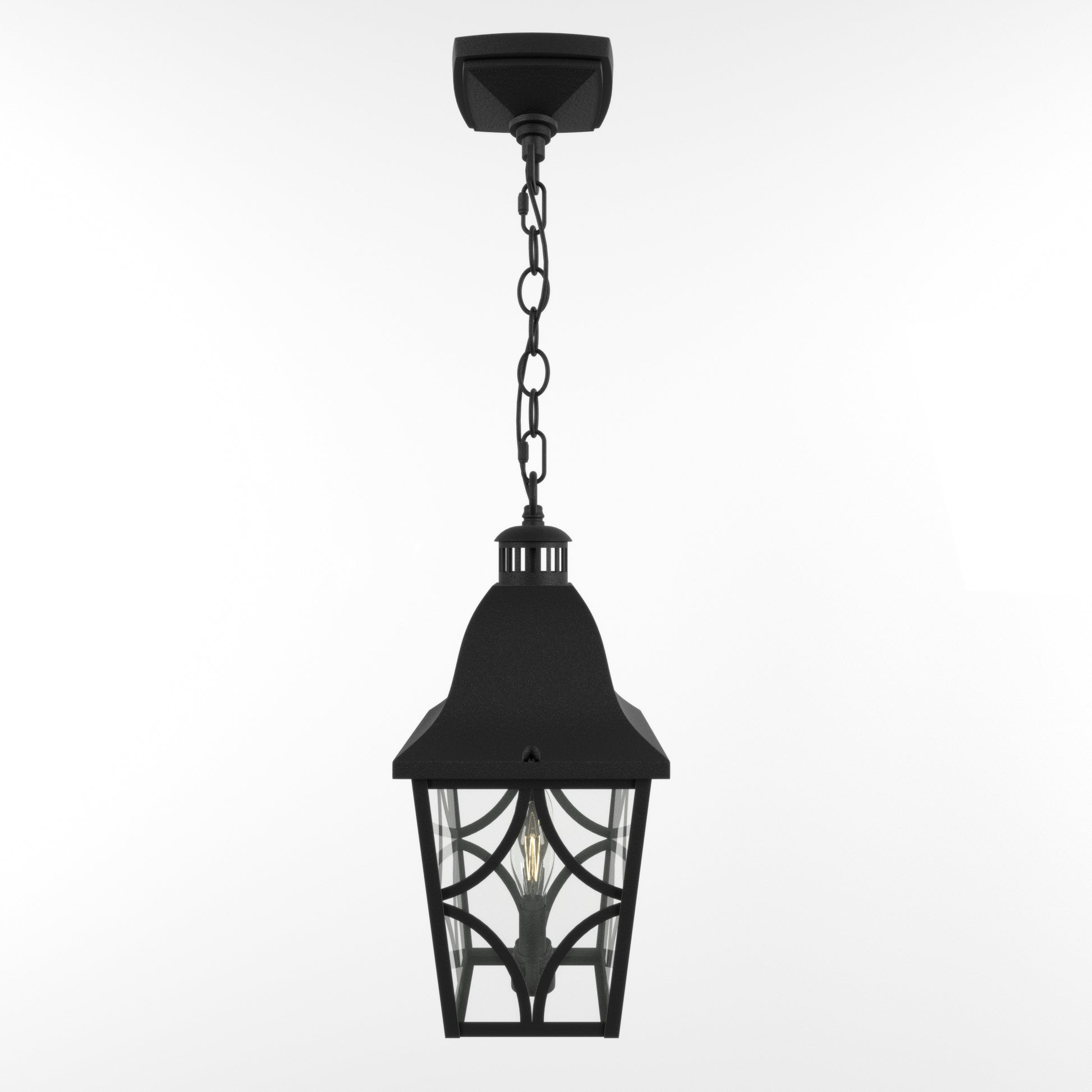 Black metal hanging lantern with clear glass panels and decorative scrollwork