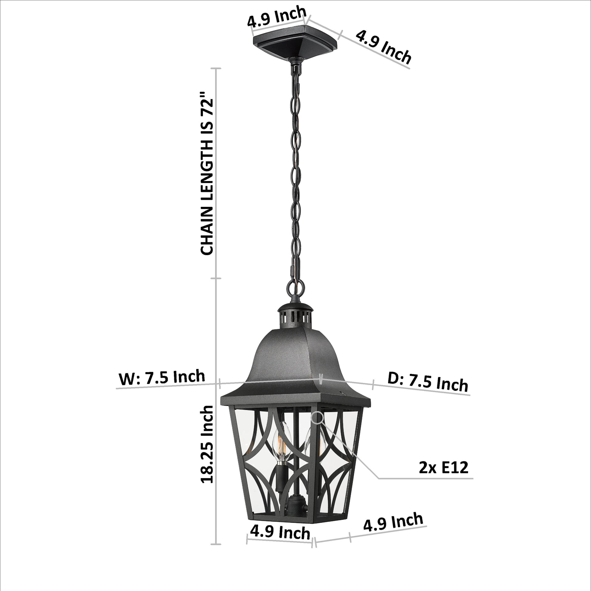 Black metal outdoor pendant light with decorative scrollwork