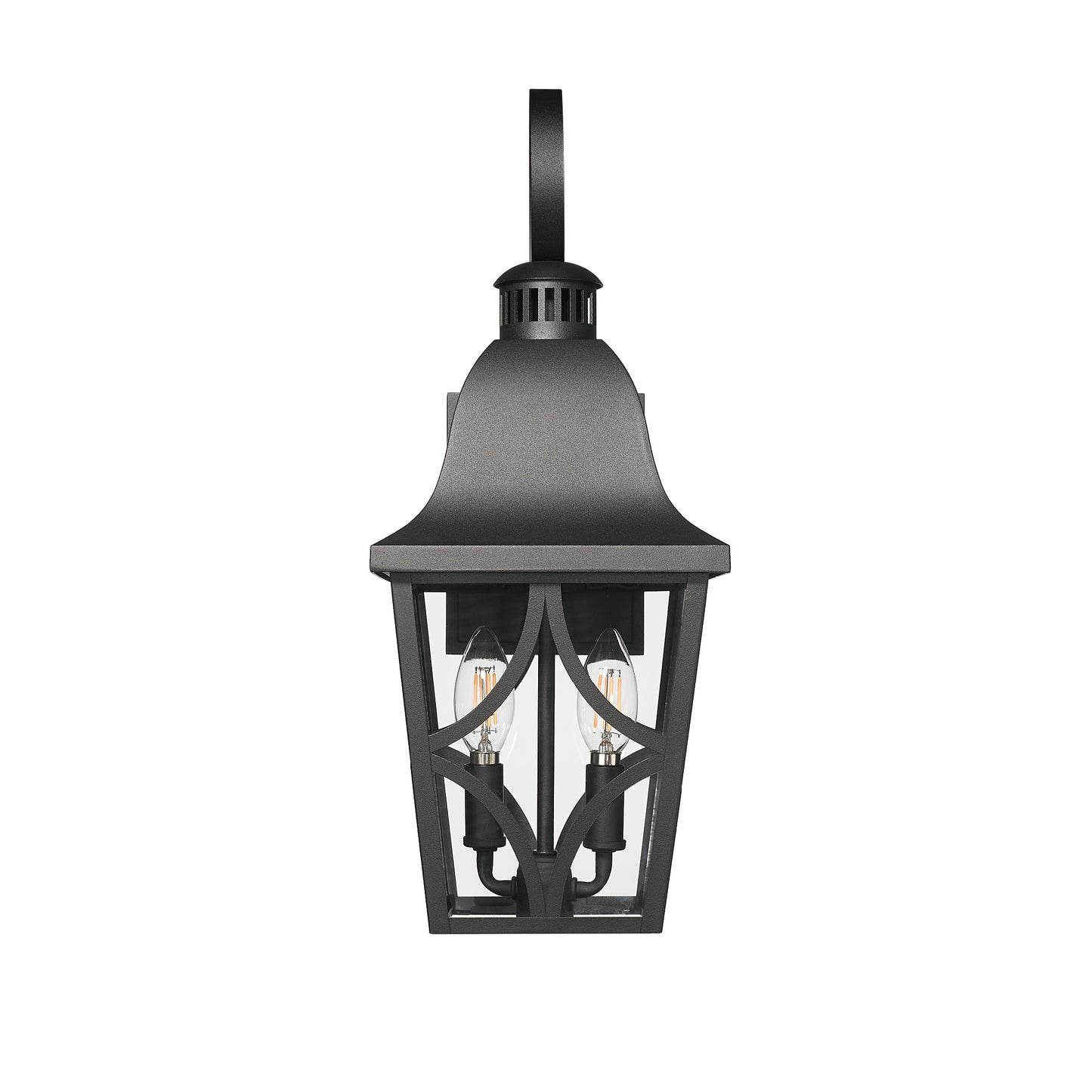 Black traditional outdoor wall lantern with two Edison bulb lights
