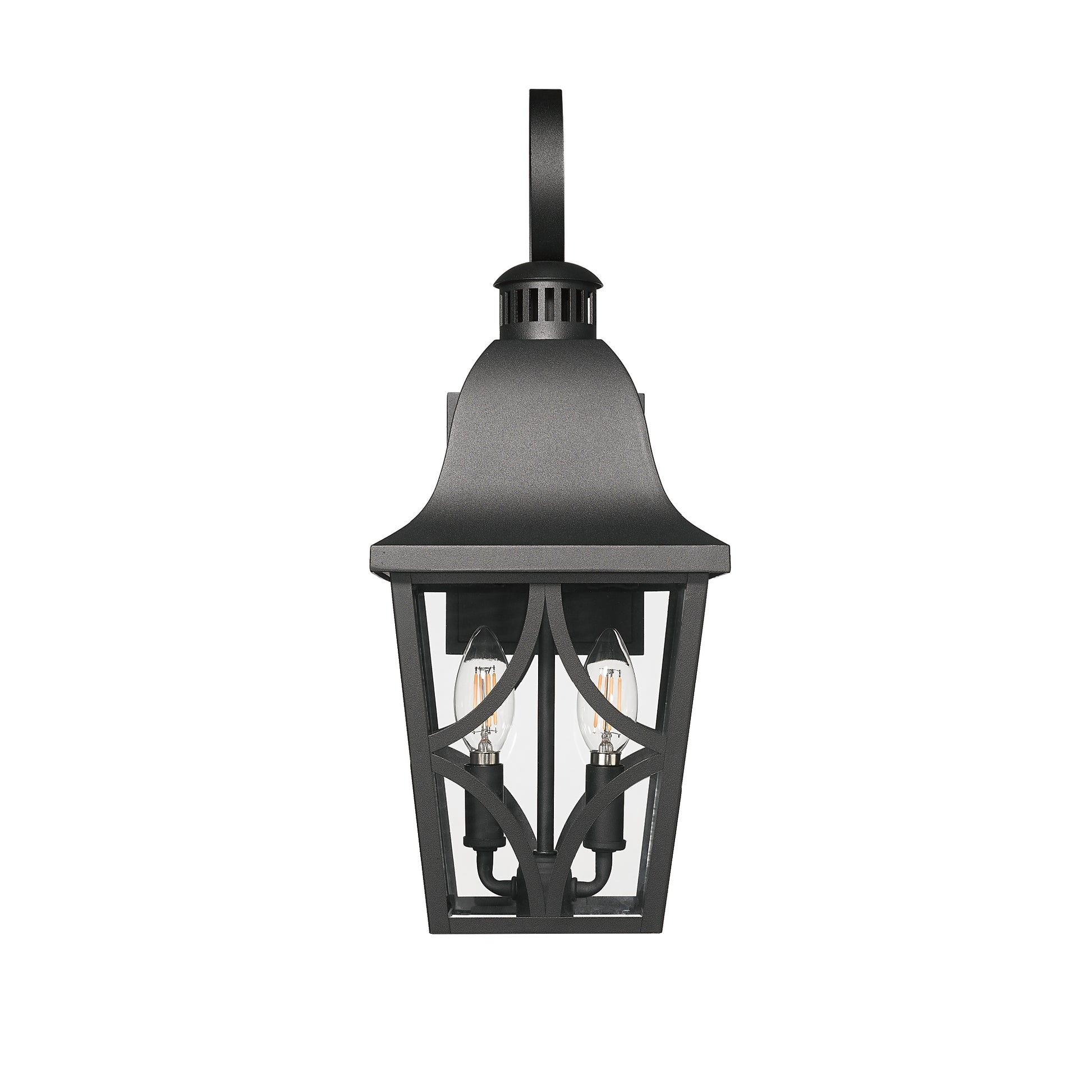 Black traditional outdoor wall lantern with two Edison bulb lights