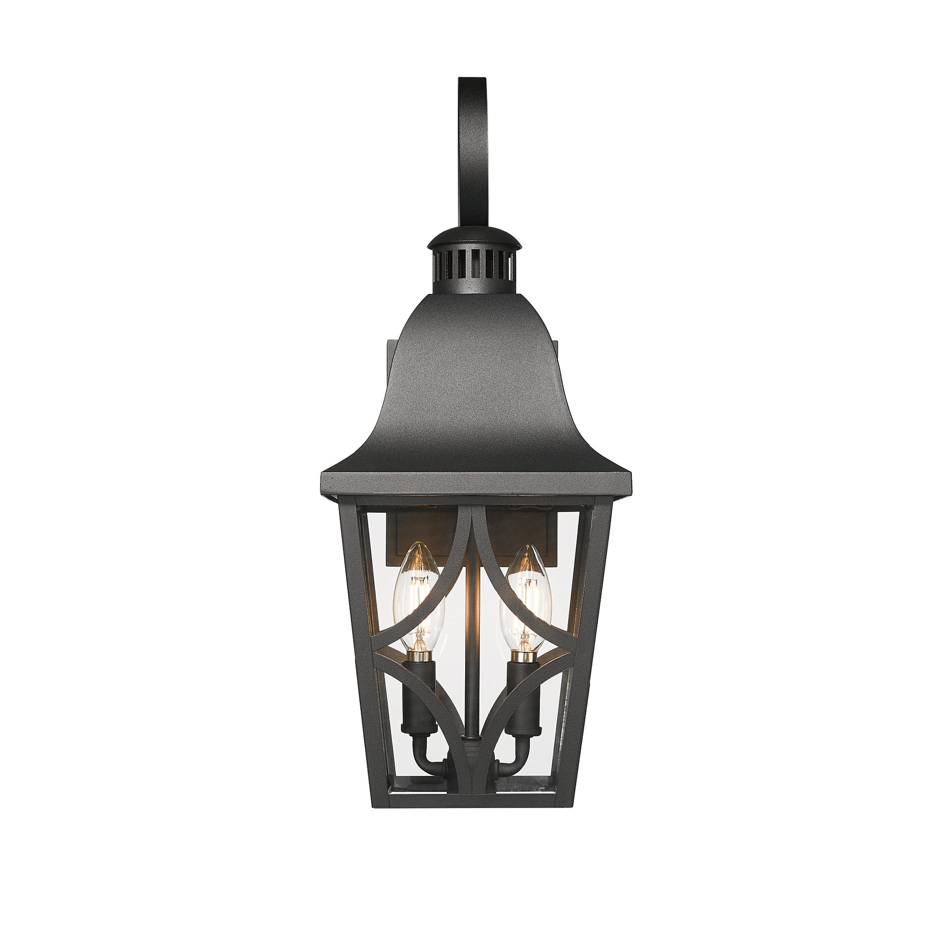 Black metal traditional outdoor wall lantern with seeded glass panes and two candelabra bulbs
