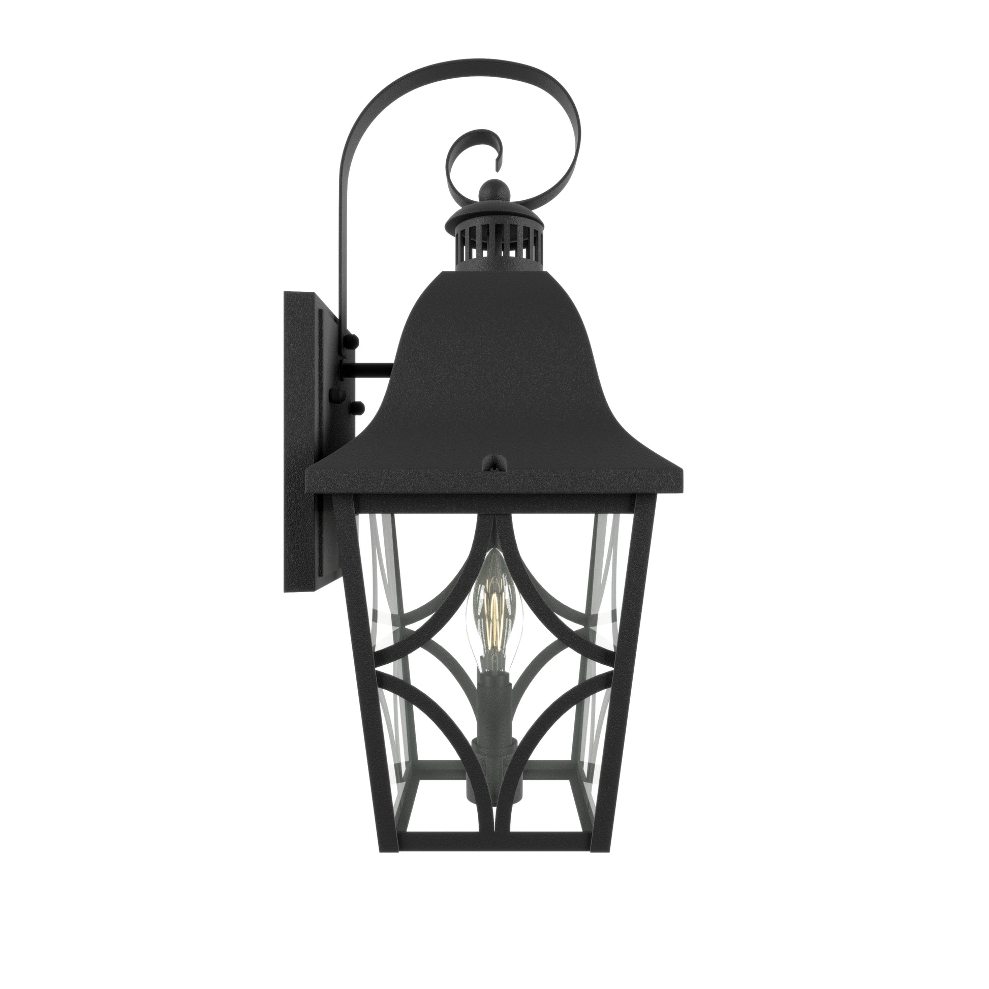 Black wrought iron outdoor wall lantern with ornate scrollwork and clear glass panels
