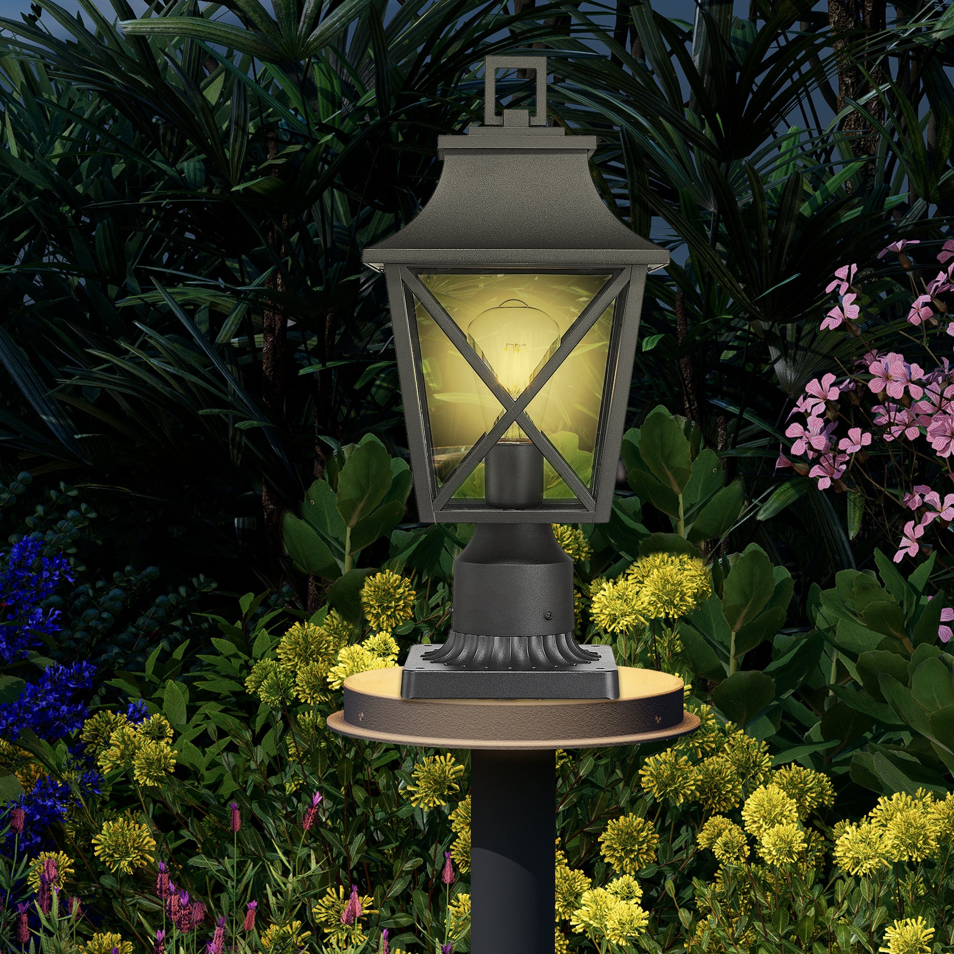 Black metal post lantern with clear glass panes and Edison bulb illuminating a garden at dusk