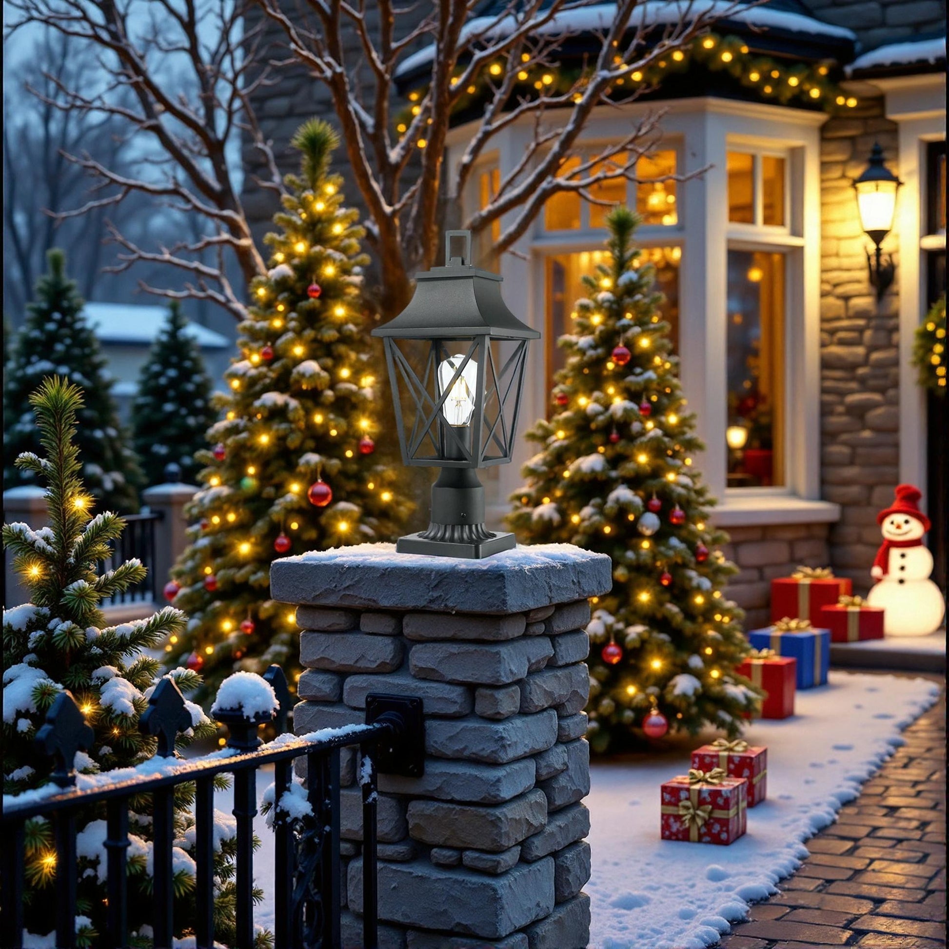Black metal post lantern with clear bulb illuminated by Christmas tree lights
