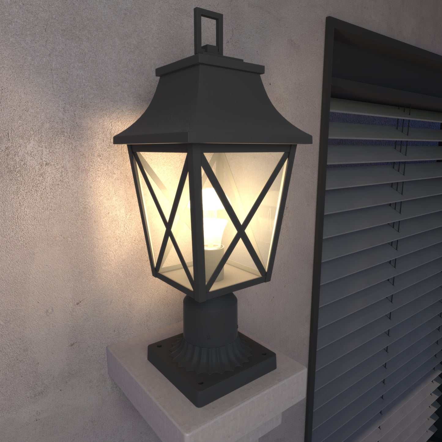 Black traditional post lamp with a glasspaned lantern illuminated by a warm bulb