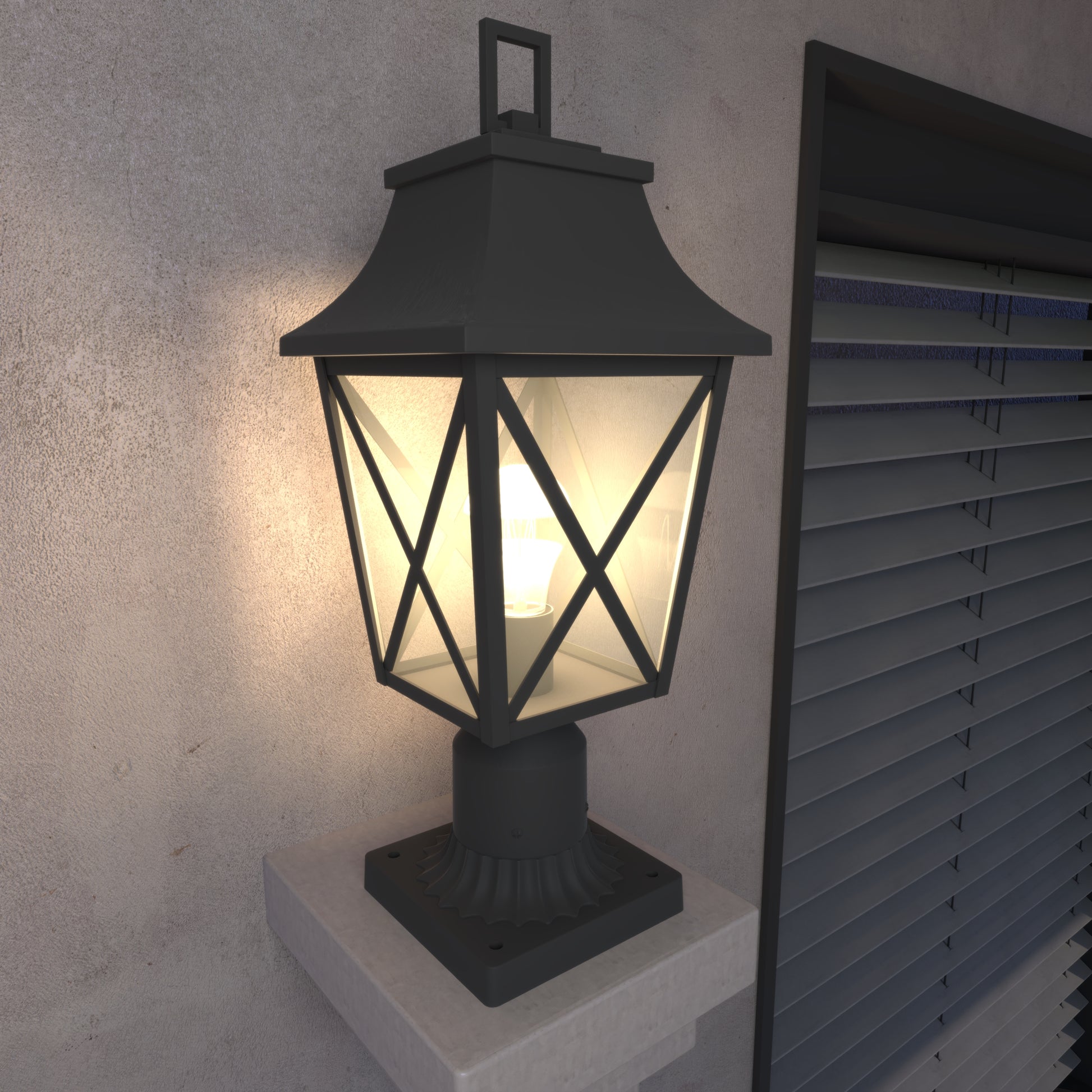 Black traditional post lamp with a glasspaned lantern illuminated by a warm bulb