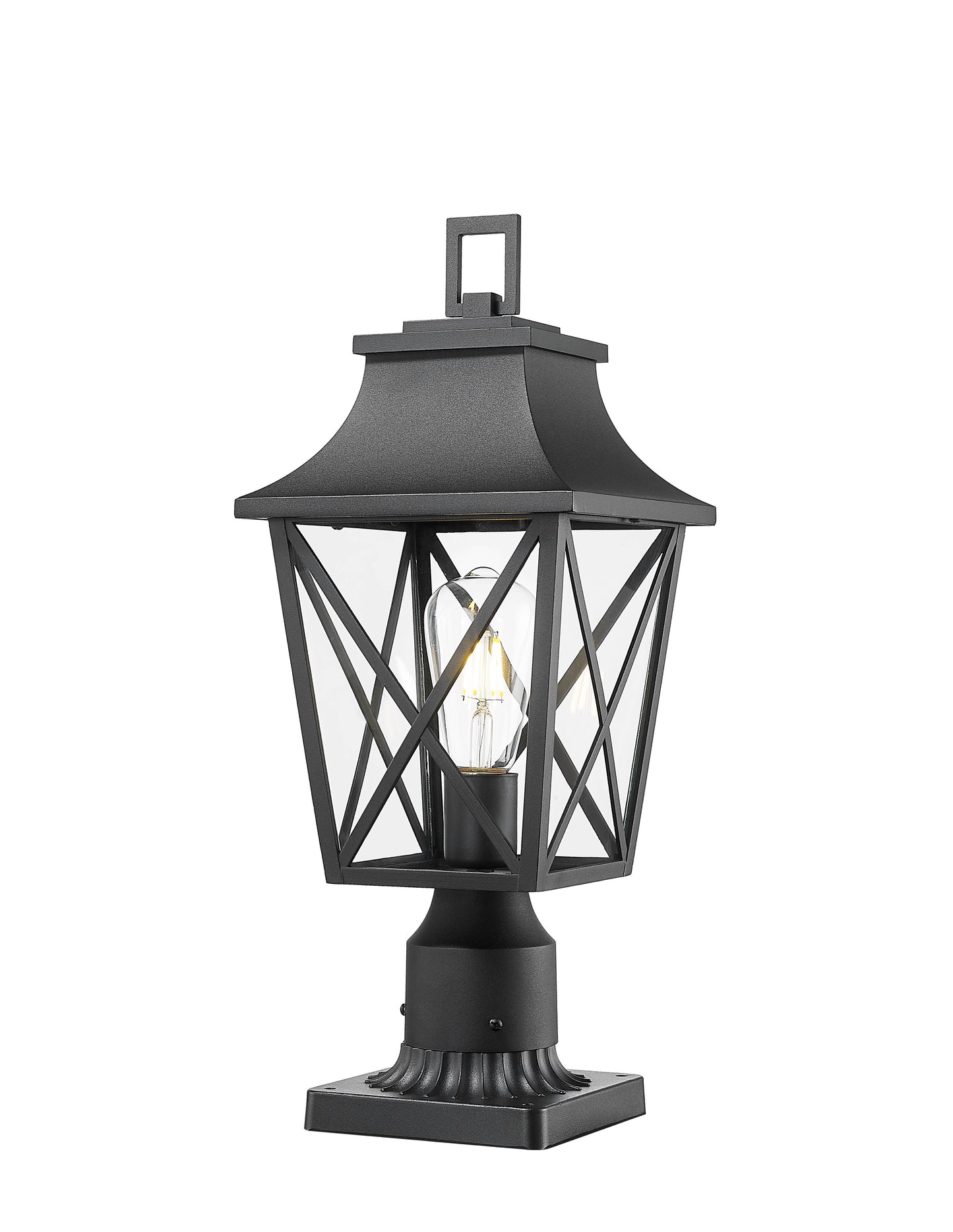 Black traditional post lantern with clear glass panes and decorative metal crosshatching