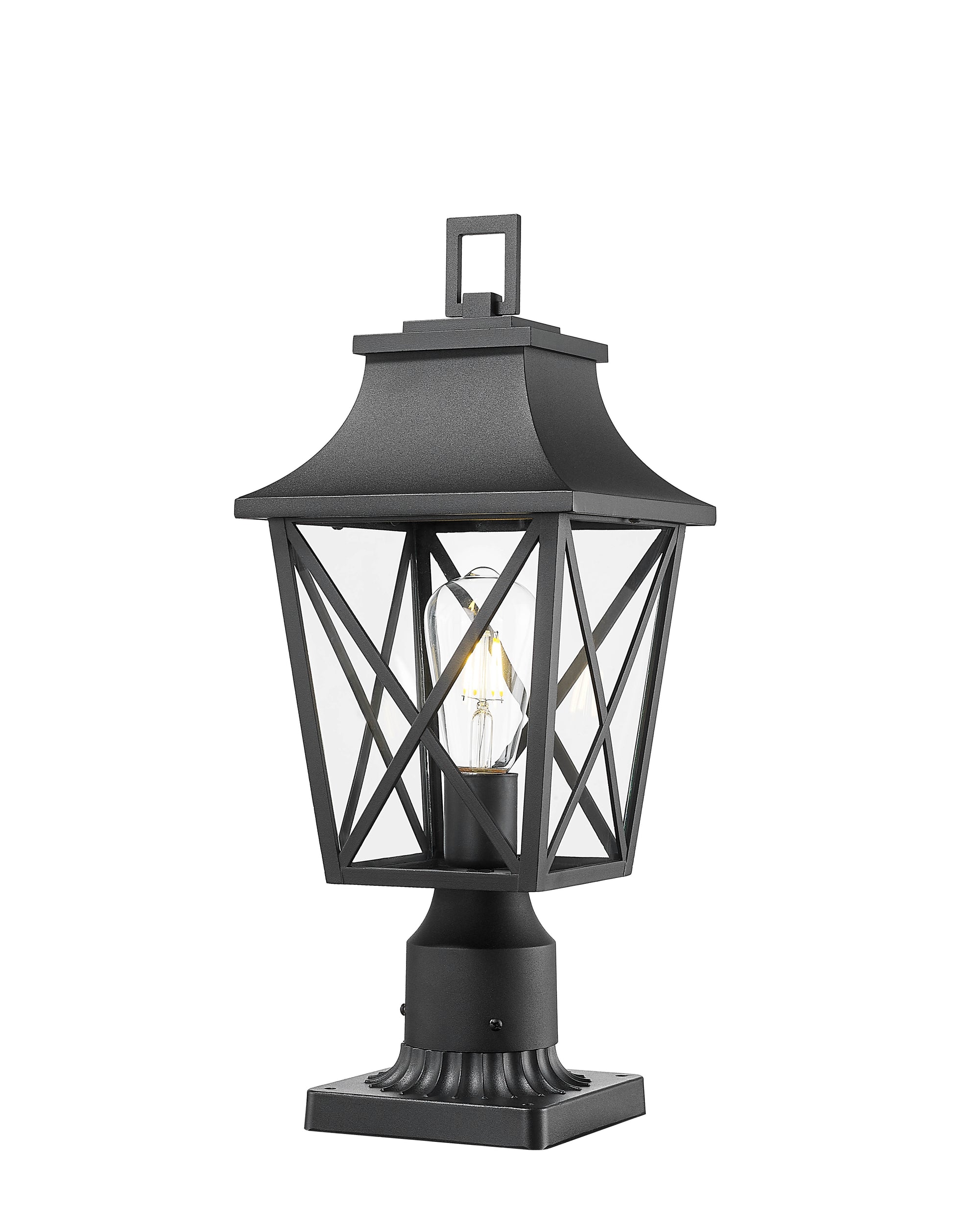 Black traditional post lantern with clear glass panes and decorative metal crosshatching