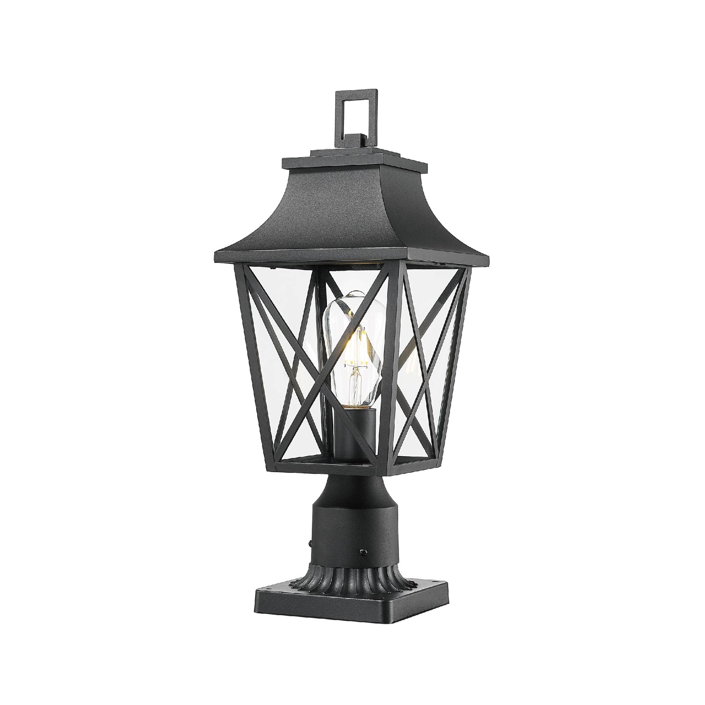 Black metal post lantern with clear glass panes and ornate detailing