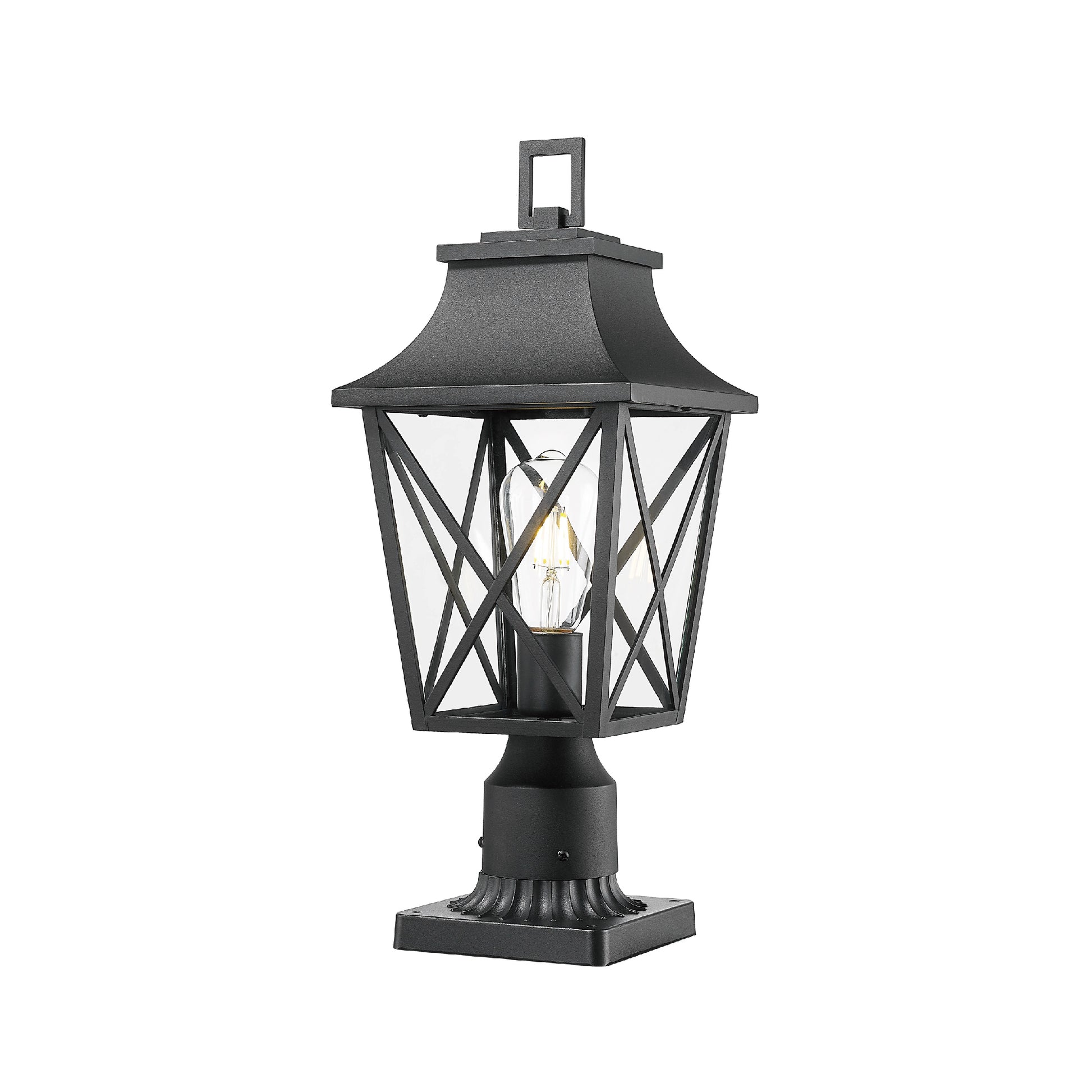 Black metal post lantern with clear glass panes and ornate detailing