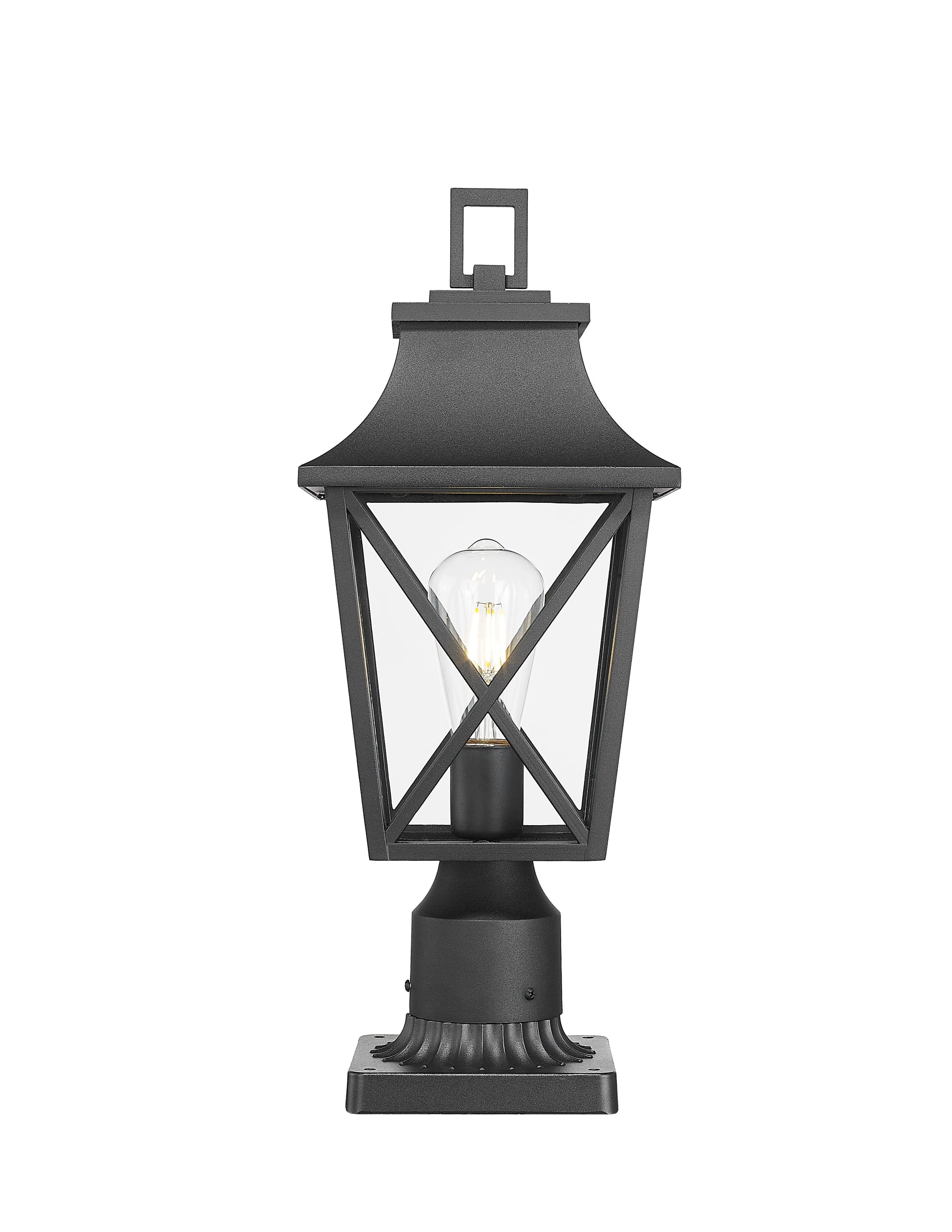 Black traditional post light with clear glass and Edison bulb