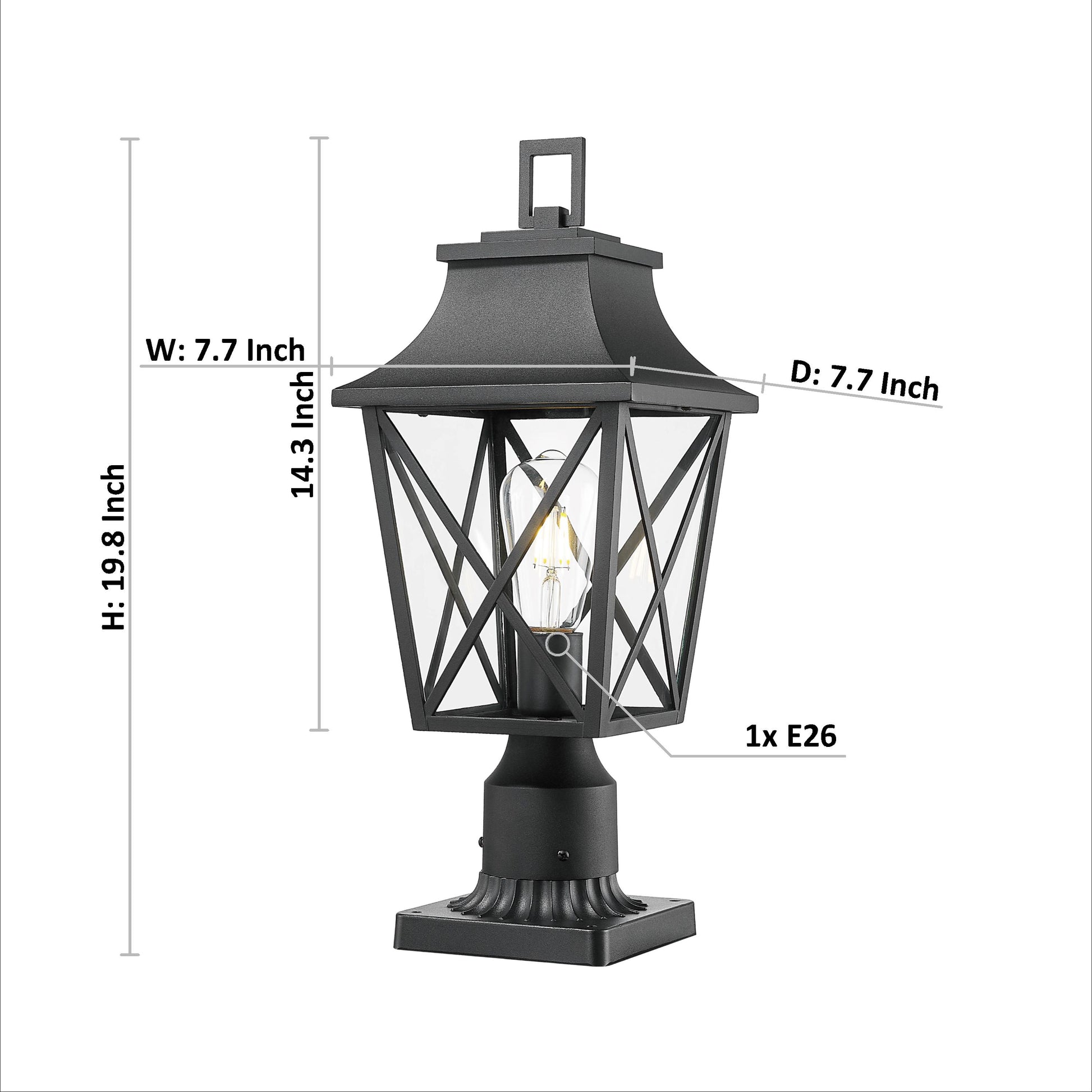 Black metal outdoor post light with clear glass panels and decorative cage