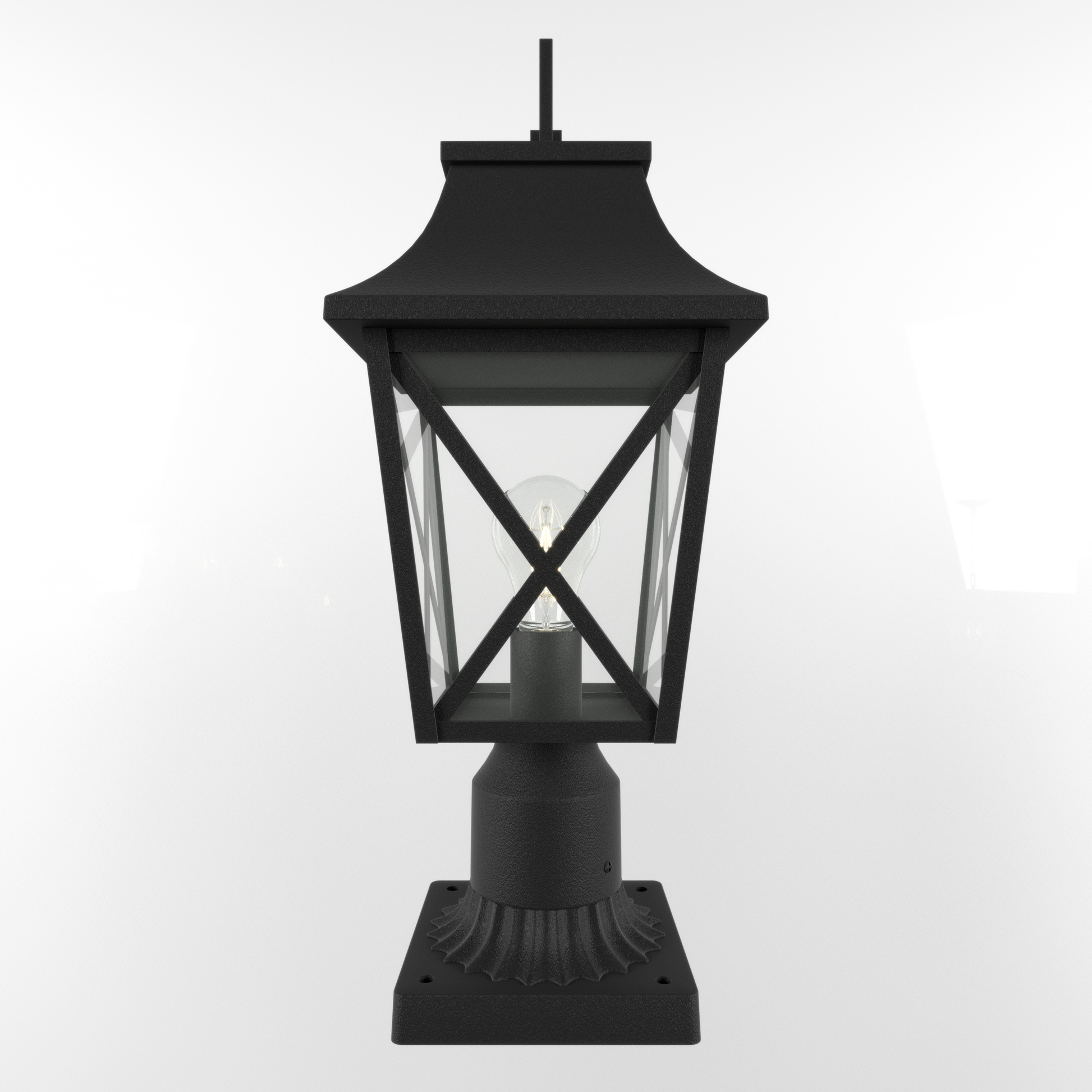 Black metal post lantern with clear glass panes and classic hexagonal design