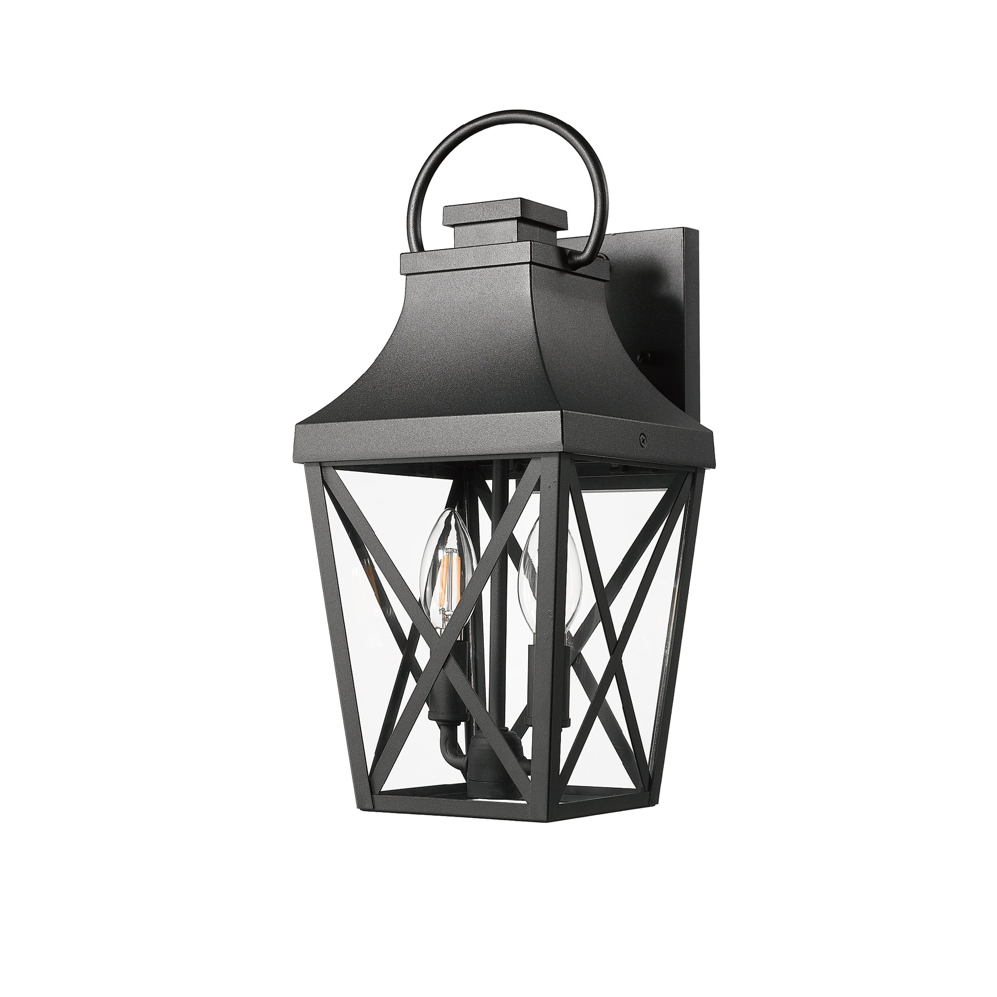 Black metal outdoor wall light with clear glass panels and geometric detailing