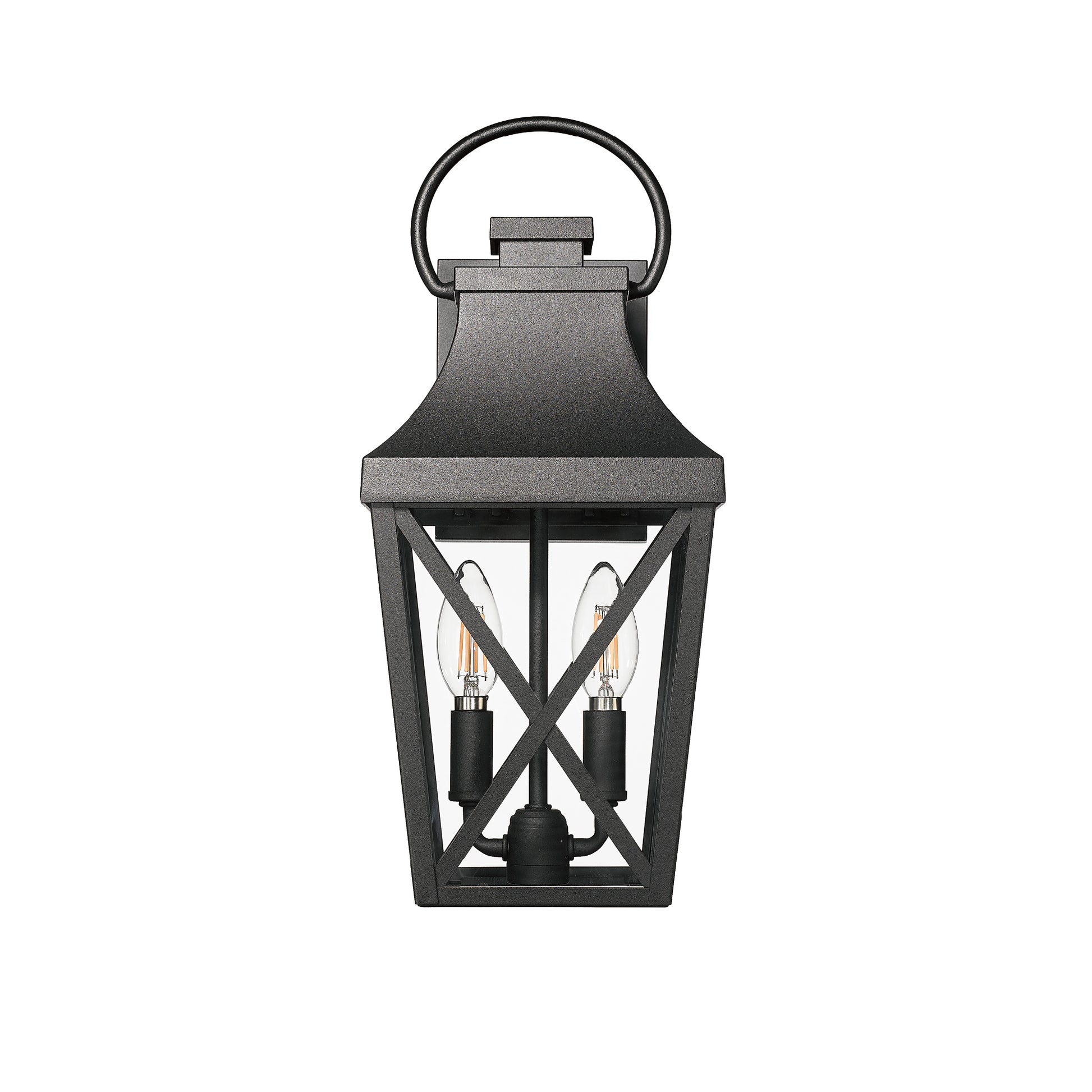 Black metal outdoor wall lantern with clear Edison bulbs and Xframe accent