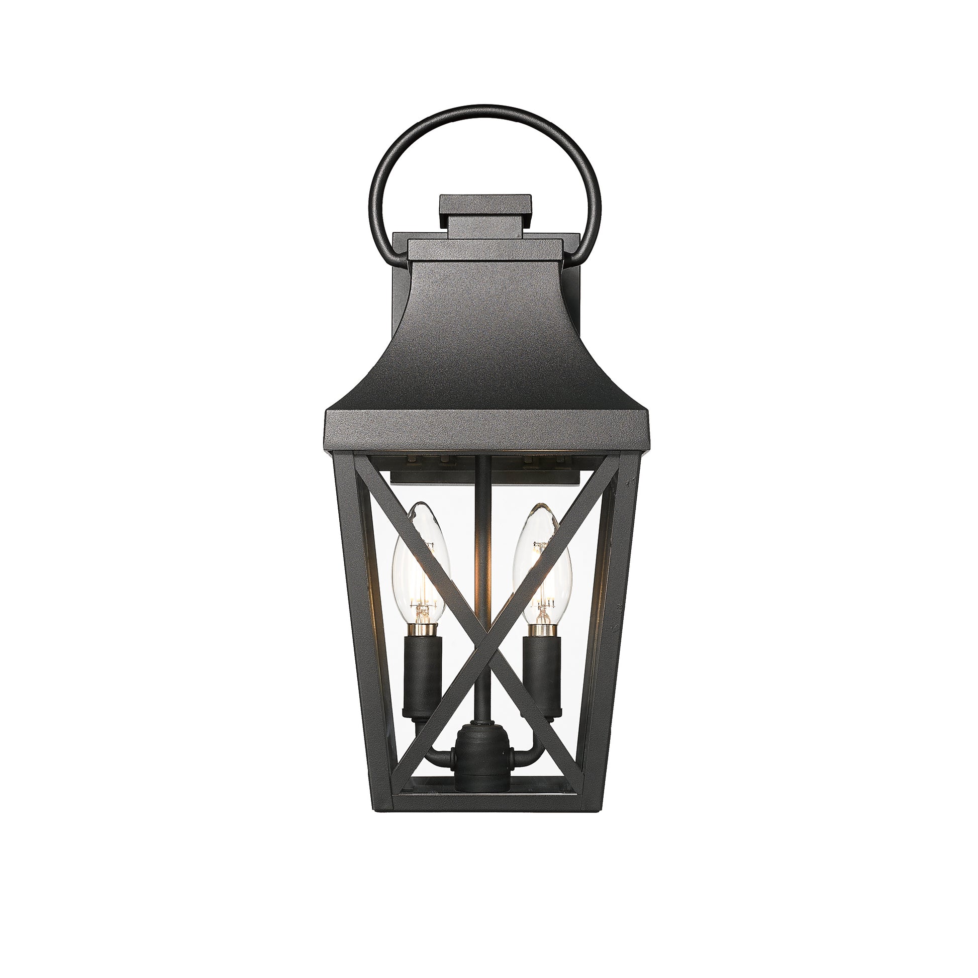 Black metal outdoor wall lantern with decorative crosshatch frame