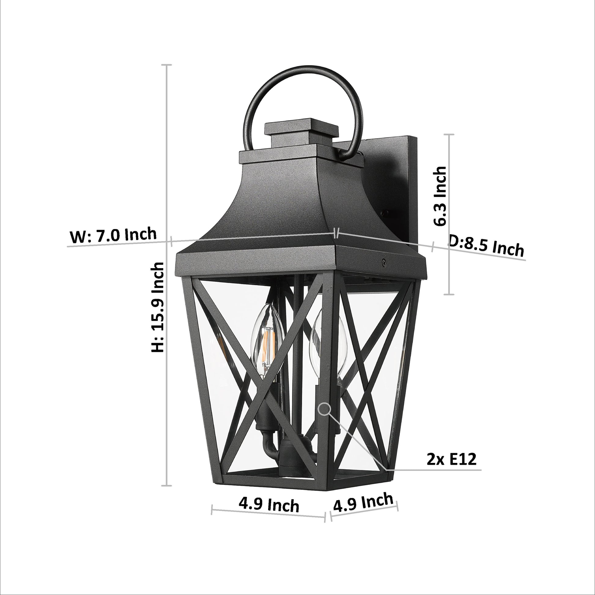 Black metal outdoor wall lantern with geometric glass enclosure
