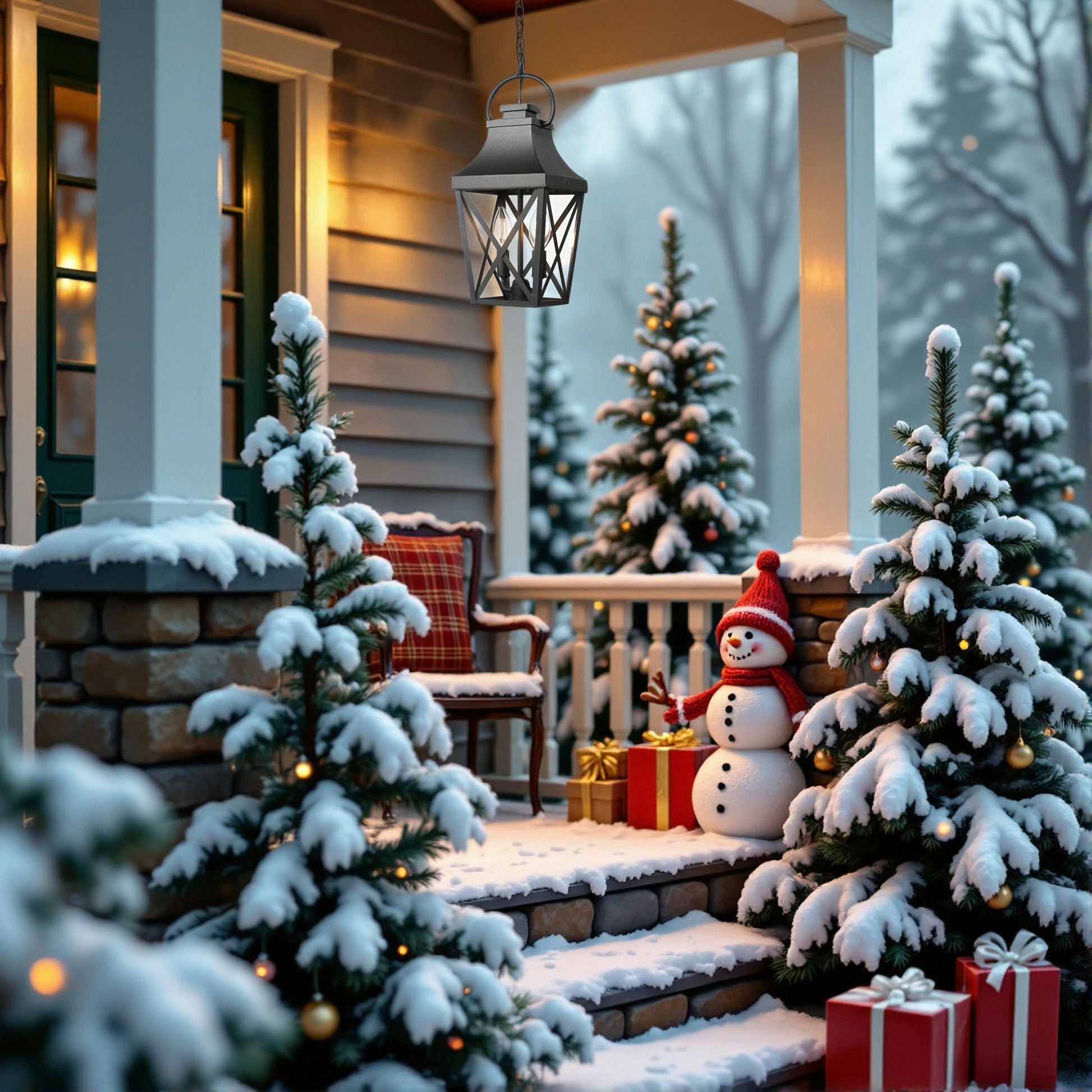 Classic dark gray hanging porch lantern with ornate scrollwork and clear glass panes illuminating a winter scene