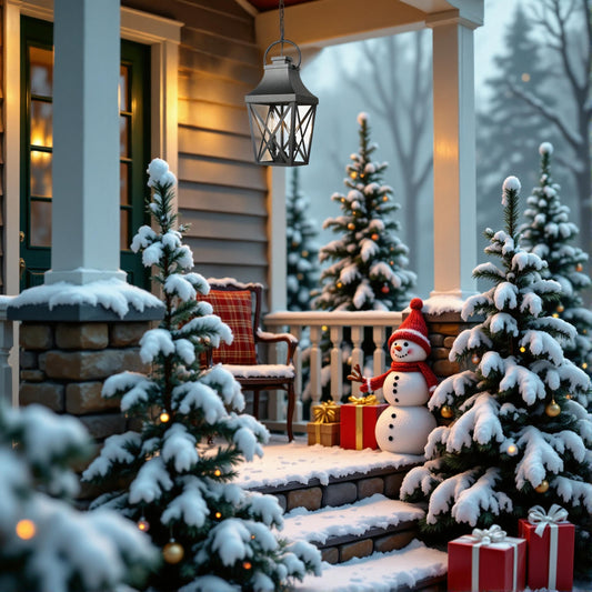 Classic dark gray hanging porch lantern with ornate scrollwork and clear glass panes illuminating a winter scene