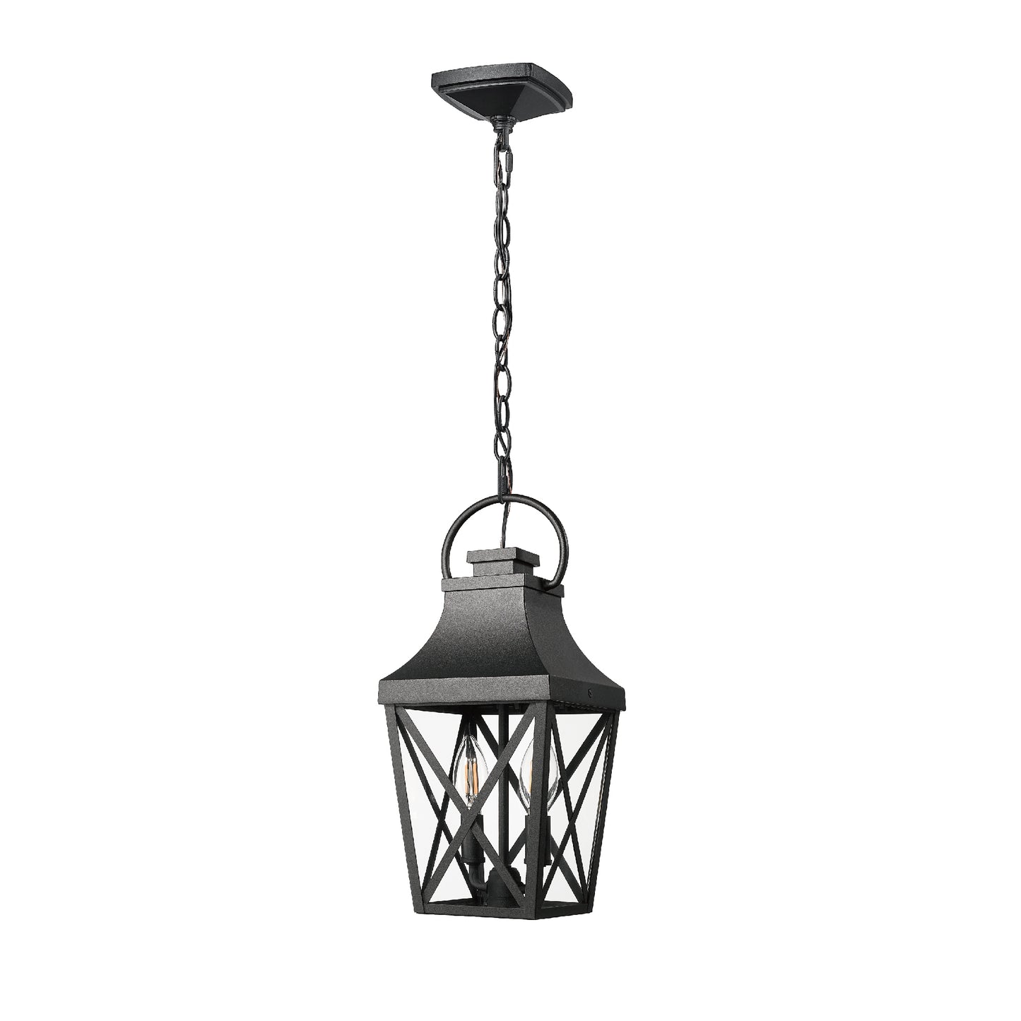 Black metal hanging lantern with clear glass panels
