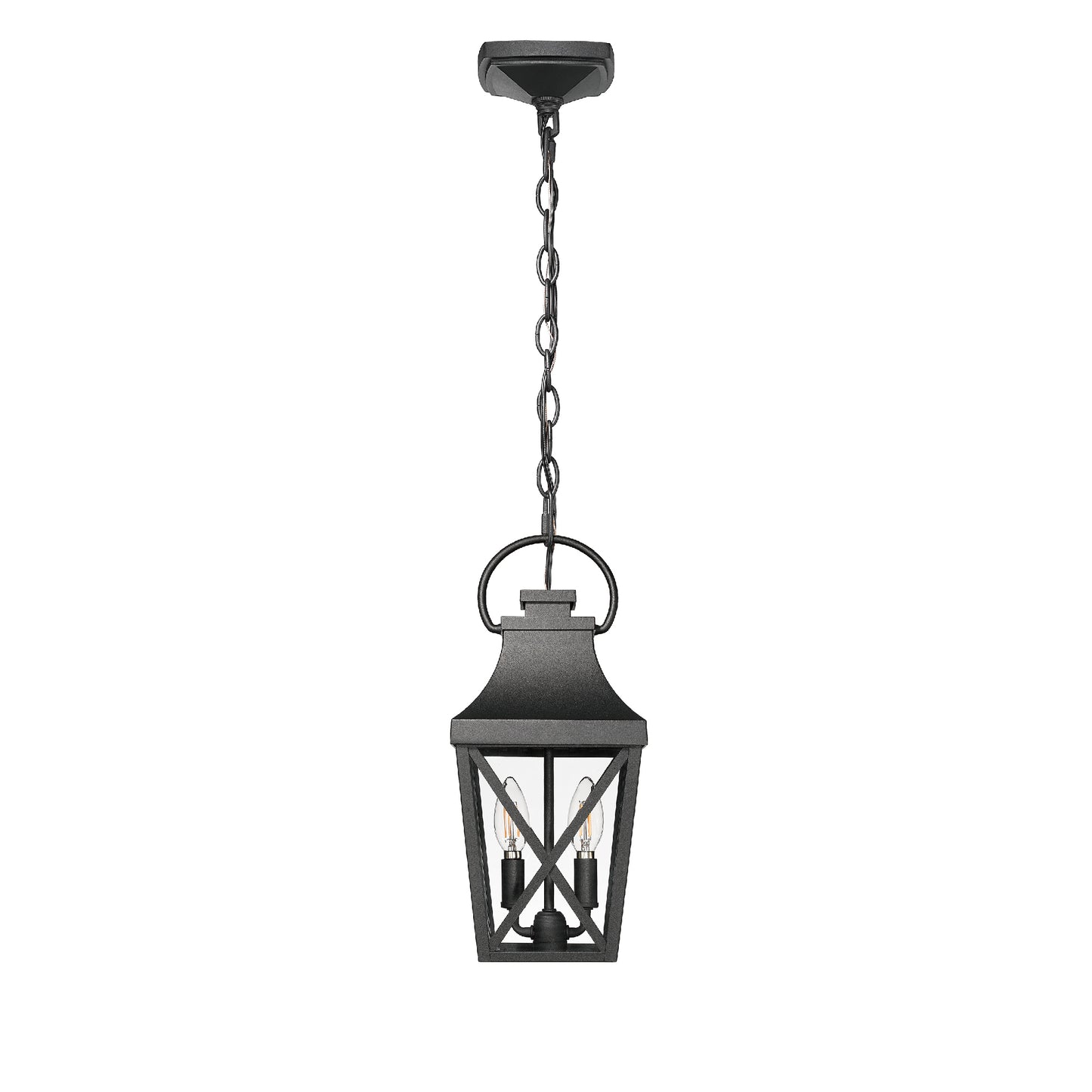 Black metal hanging lantern with two candlestyle bulbs and chain