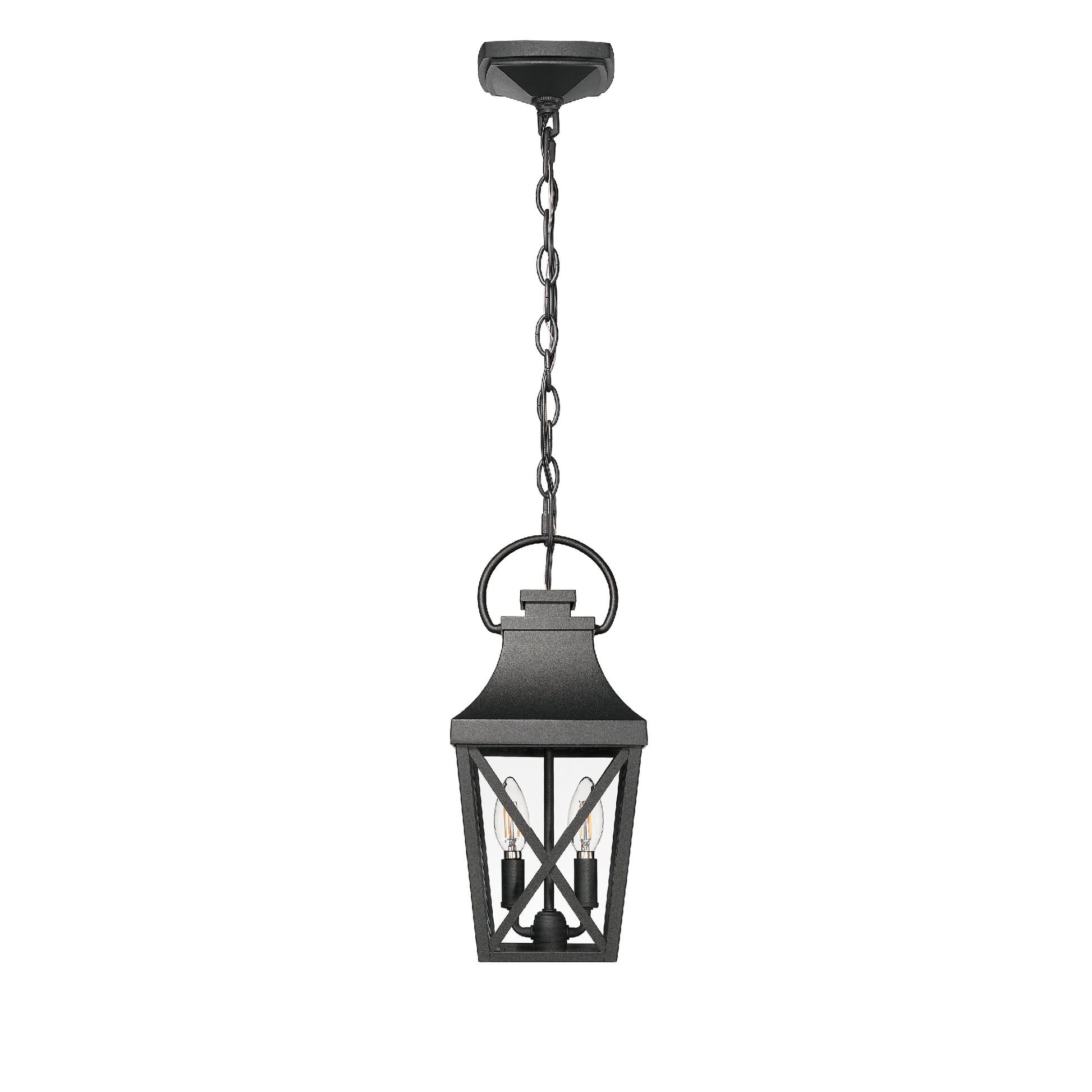 Black metal hanging lantern with two candlestyle bulbs and chain